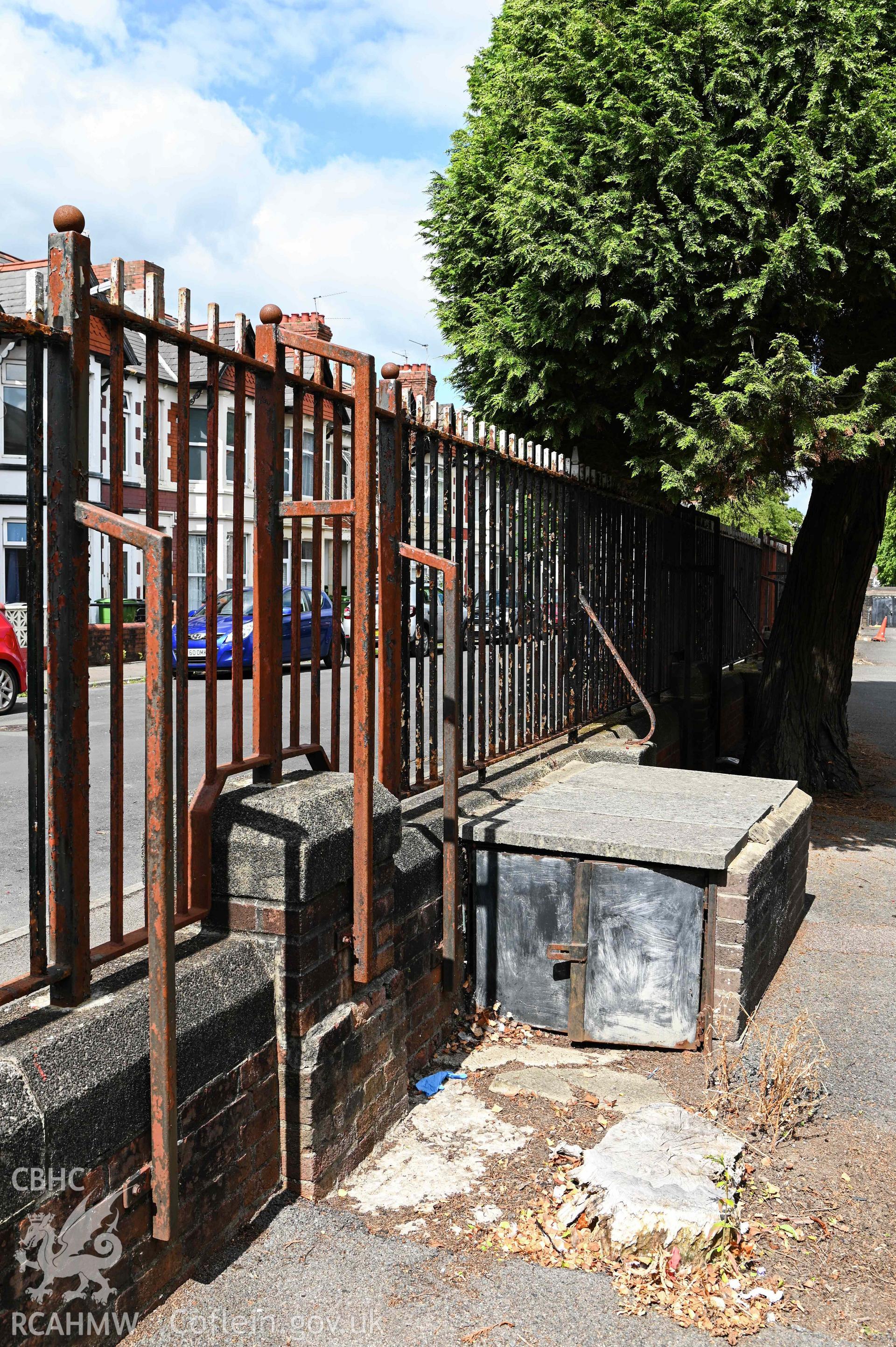 Iron railings (construction by W. Rowe General Smith and Engineer) along New Zealand Road. Cathays High School