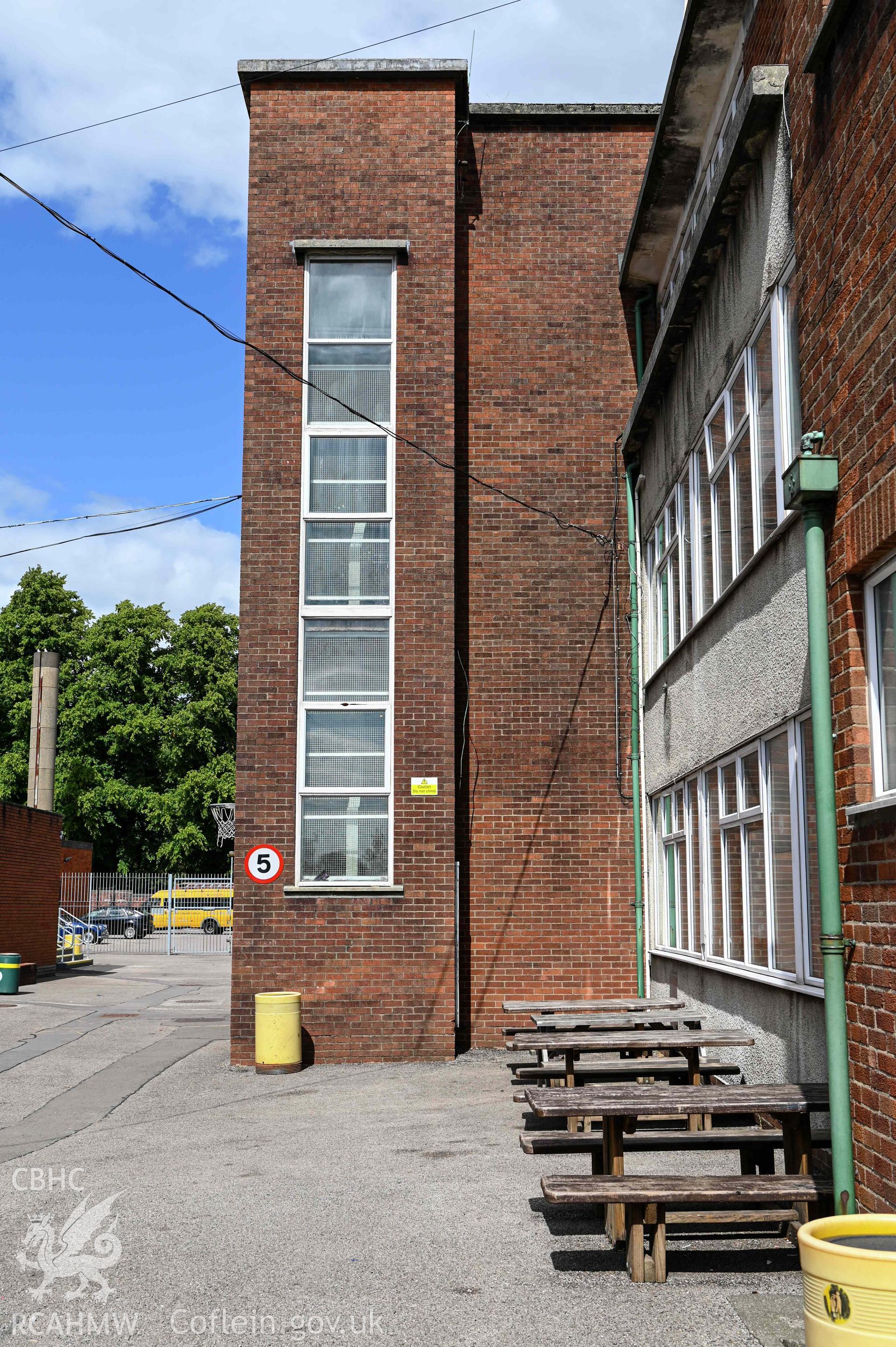Exterior of protruding staircase with panelled windows. Looking north east. Cathays High School