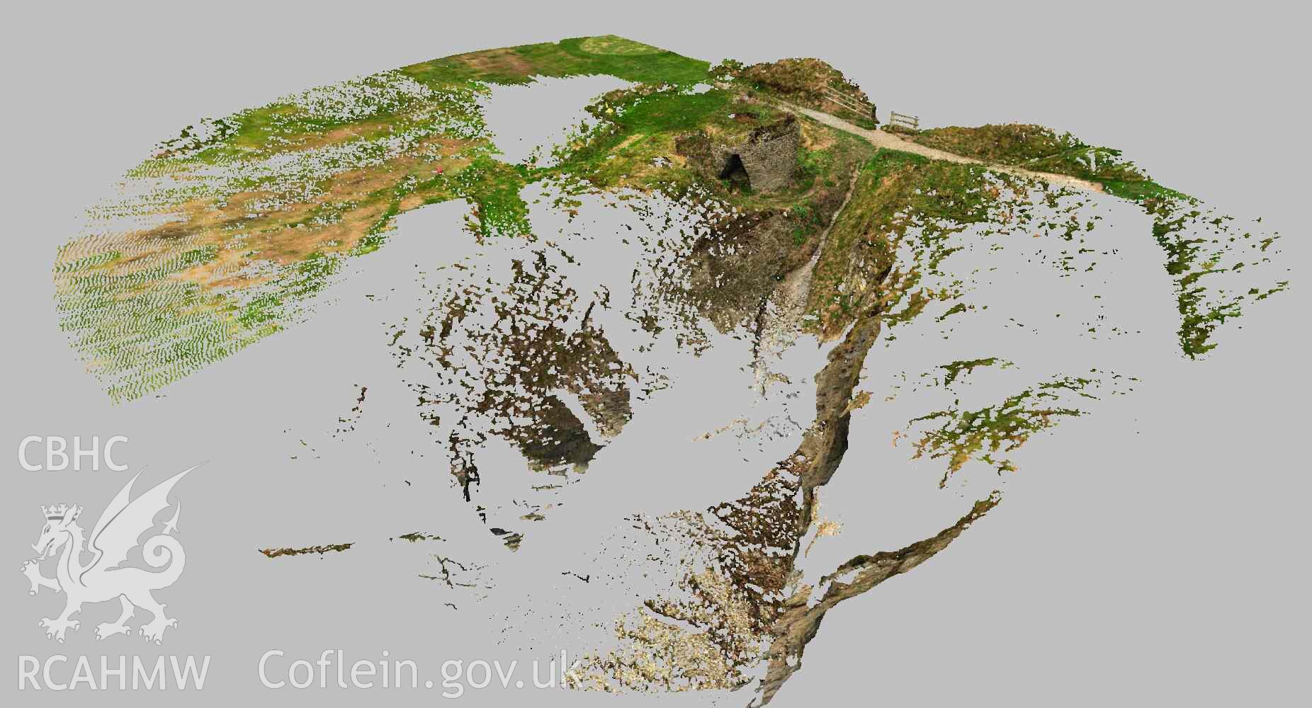 View of overall point cloud looking north. Part of a Terrestrial Laser Scanning Survey archive for Craig-y-Gwbert limekiln, carried out by Dr Jayne Kamintzis of RCAHMW on 20 September 2022.