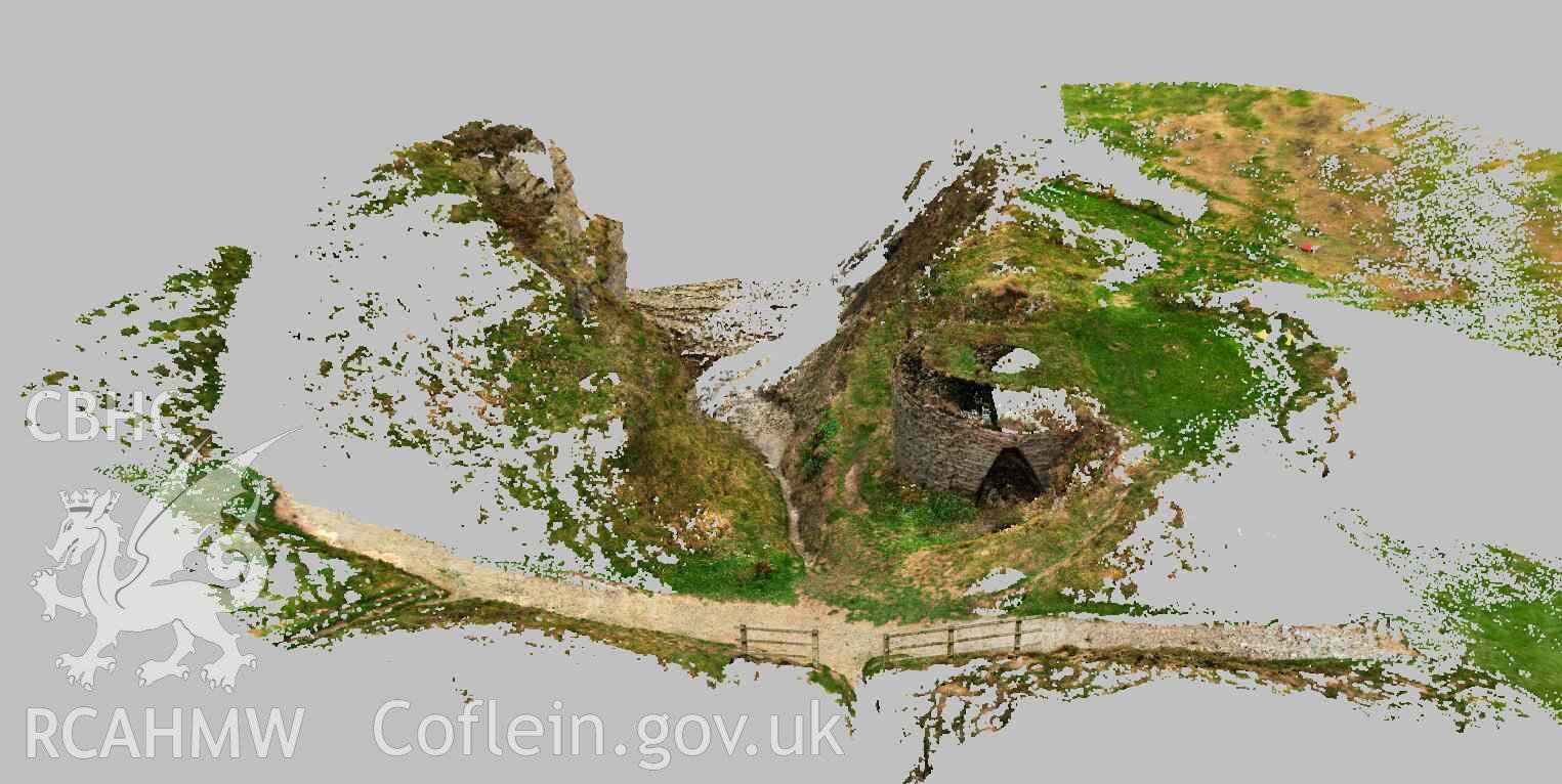 View of overall point cloud looking south. Part of a Terrestrial Laser Scanning Survey archive for Craig-y-Gwbert limekiln, carried out by Dr Jayne Kamintzis of RCAHMW on 20 September 2022.