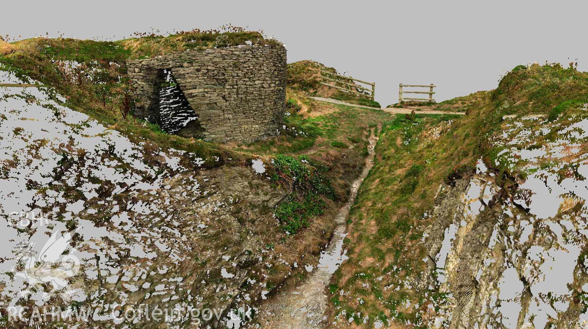 View of point cloud looking north, showing the proximity of the lime kiln to the Wales Coast Path (running left to right in the background) and the unmade footpath leading in front of the kiln (leading away from the viewpoint). Part of a Terrestrial Laser Scanning Survey archive for Craig-y-Gwbert limekiln, carried out by Dr Jayne Kamintzis of RCAHMW on 20 September 2022.
