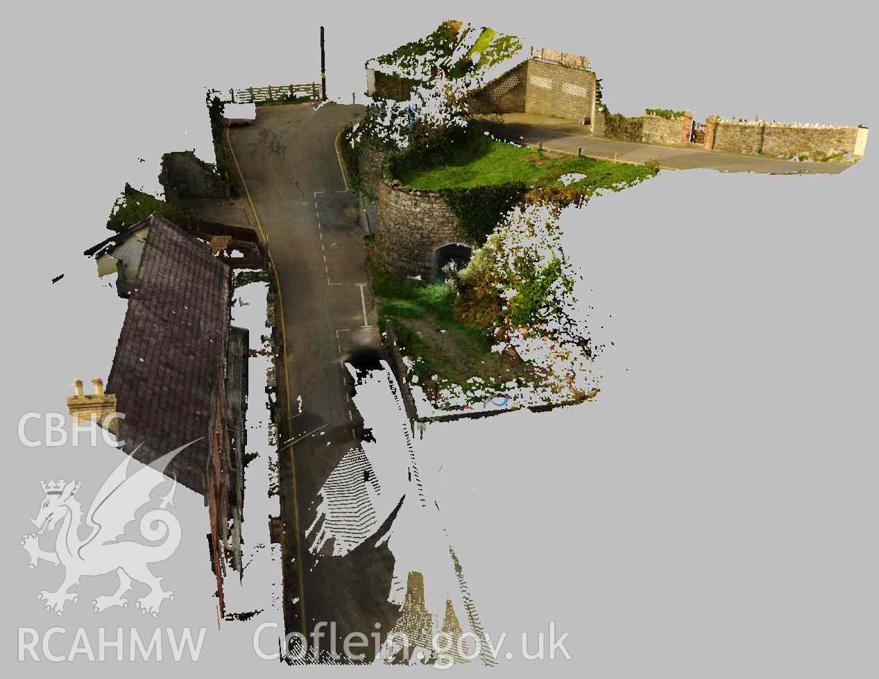 'View of overall point cloud looking south west.' Photograph taken as part of Terrestrial Laser Scanning Survey of Llangrannog limekiln, carried out by Dr Jayne Kamintzis of RCAHMW on 20 September 2022.