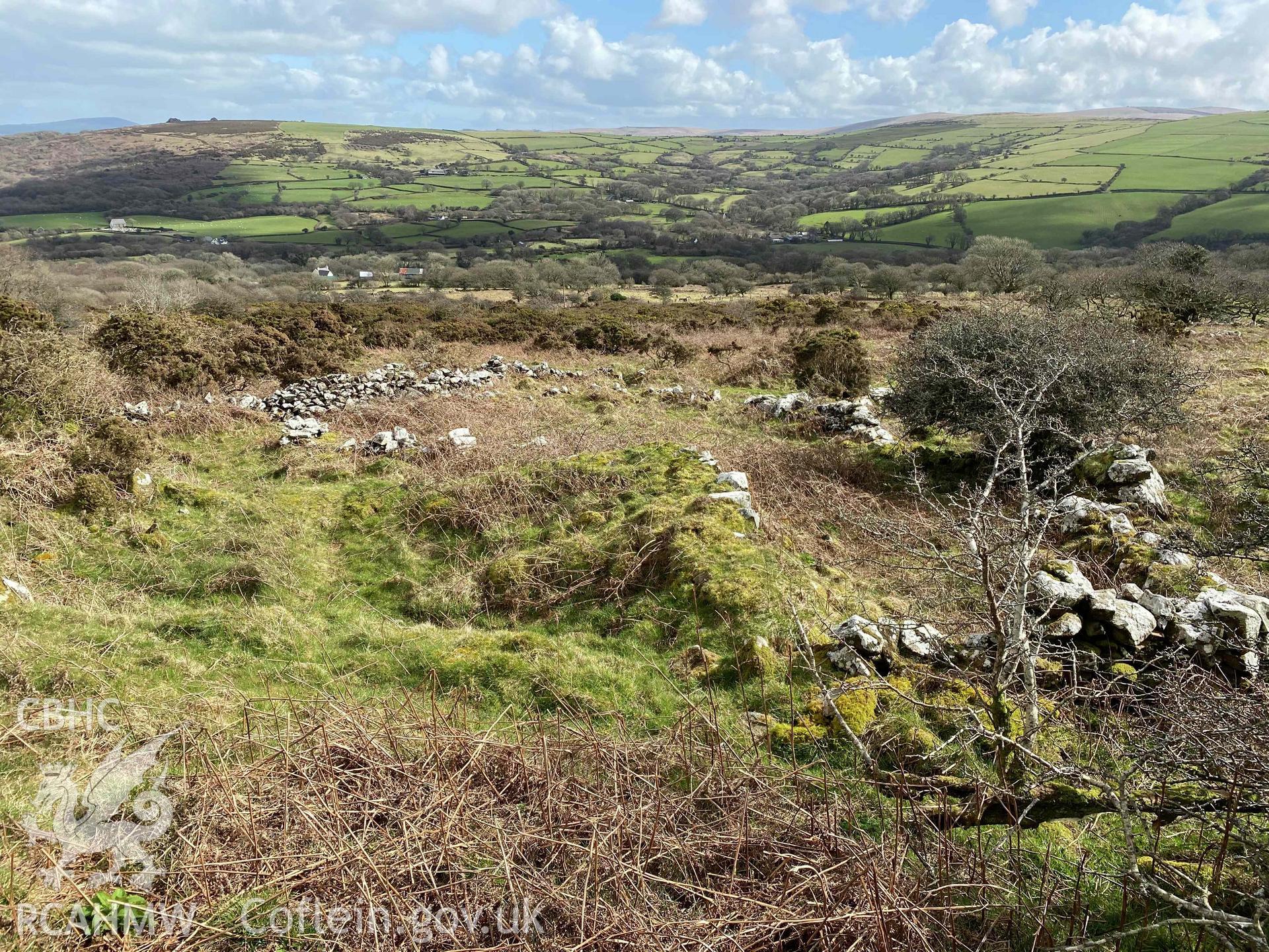 Digital photograph looking east at Carn Ingli deserted farmstead, Preseli, produced by Paul Davis in 2023