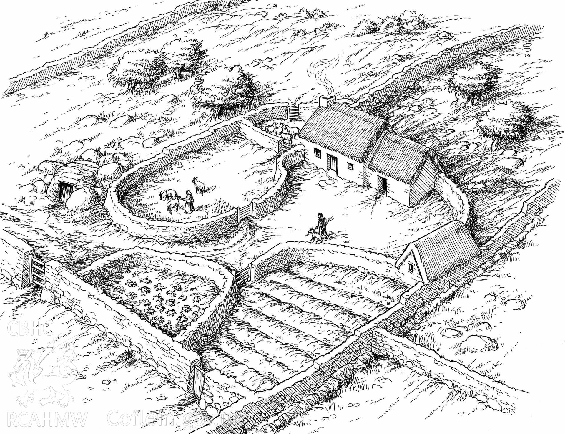 Digital drawing showing reconstruction of Carn Ingli deserted farmstead, Preseli, looking south west. Produced by Paul Davis in 2023