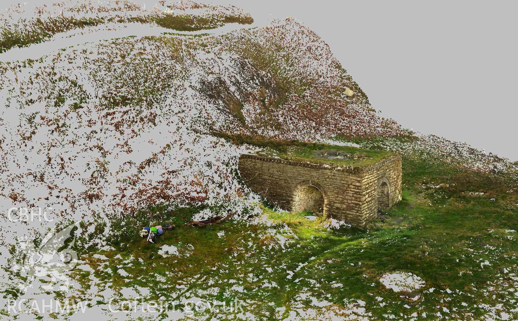 View of Wallog lime kiln looking south (taken from point cloud dataset). The Wales Coast Path can be seen up the slope from the lime kiln, denoted by the lack of points. Produced as part of Terrestrial Laser Scanning Survey of Wallog Limekiln, carried out by Dr Jayne Kamintzis, 1 December 2022.