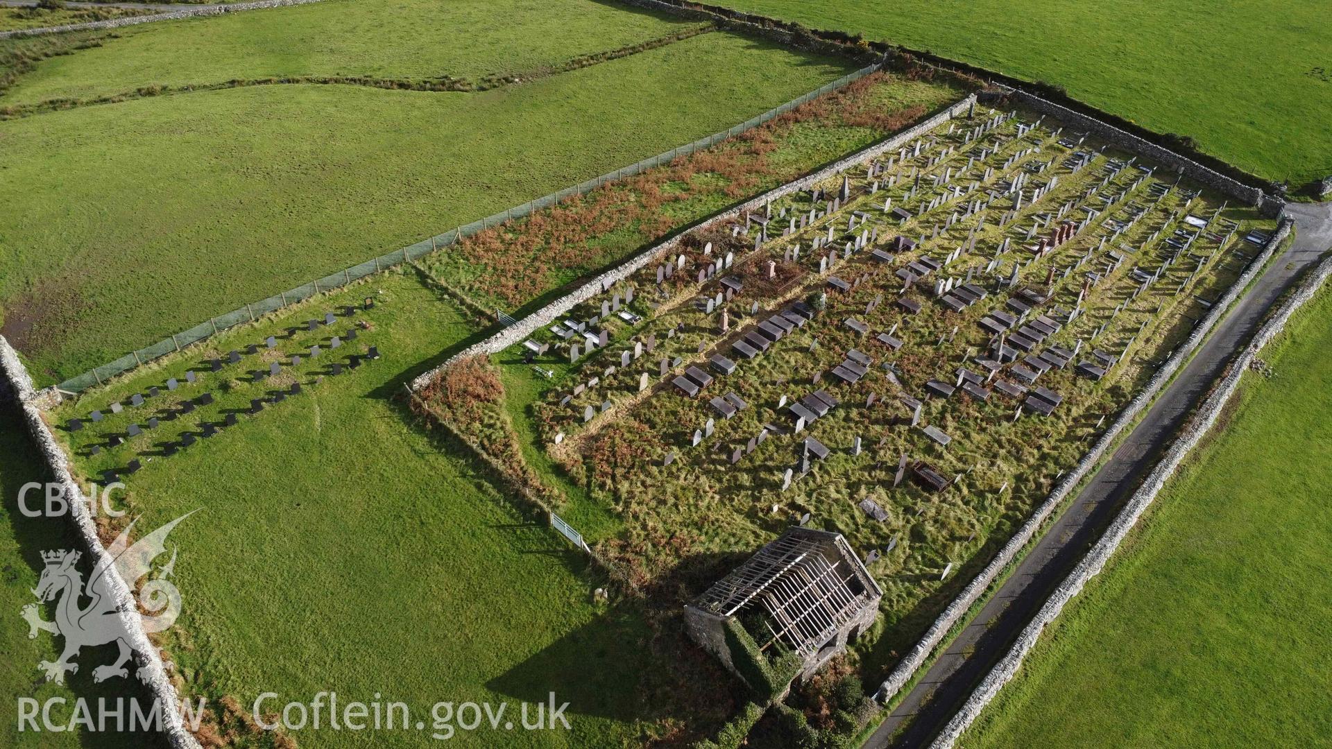 Aerial photograph showing Tai Duon Methodist Chapel and cemetery. Taken by John Rowlands on 7th November 2023.