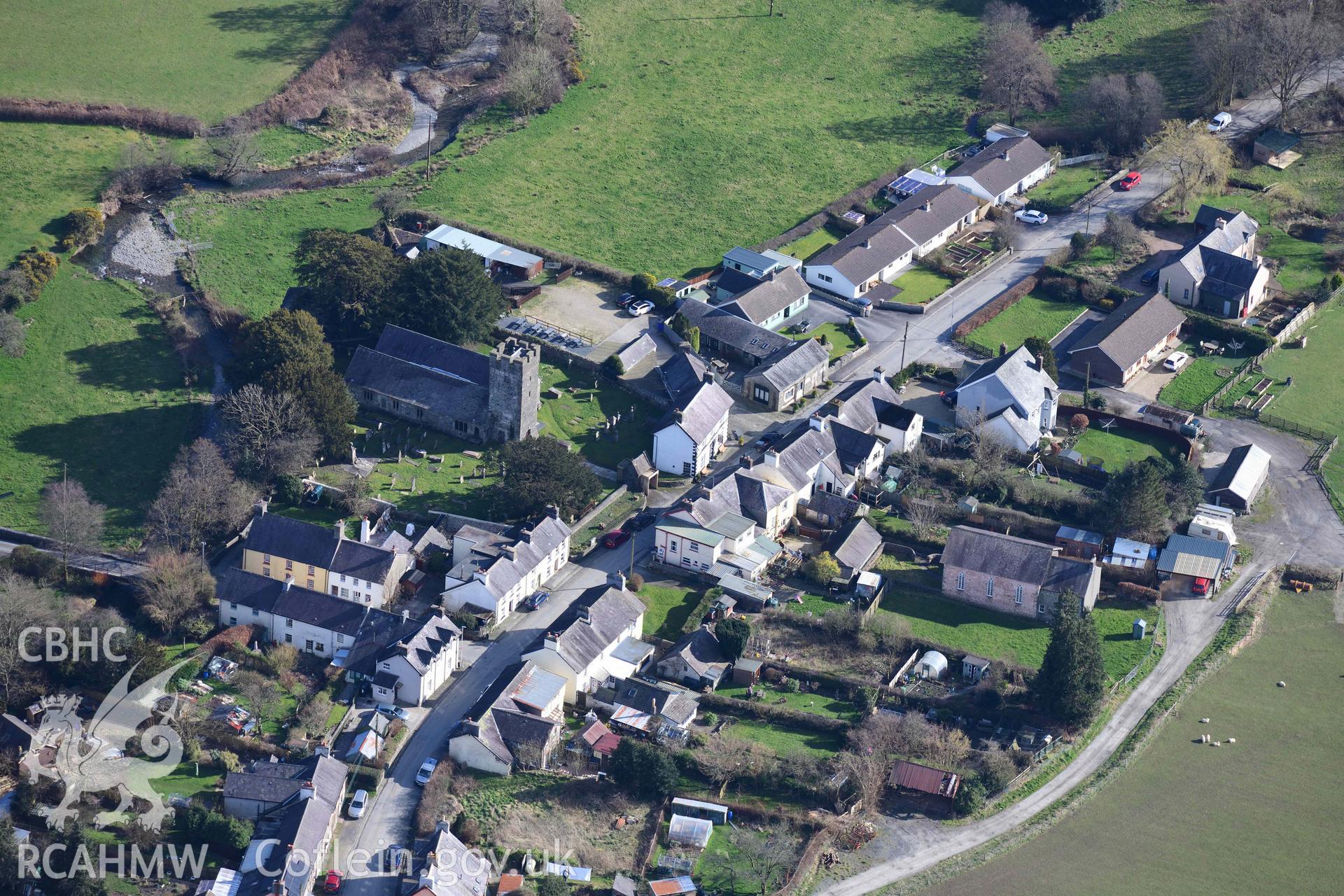 Cilycwm Village, view from north. Oblique aerial photograph taken during the Royal Commission’s programme of archaeological aerial reconnaissance by Toby Driver on 14 March 2022.