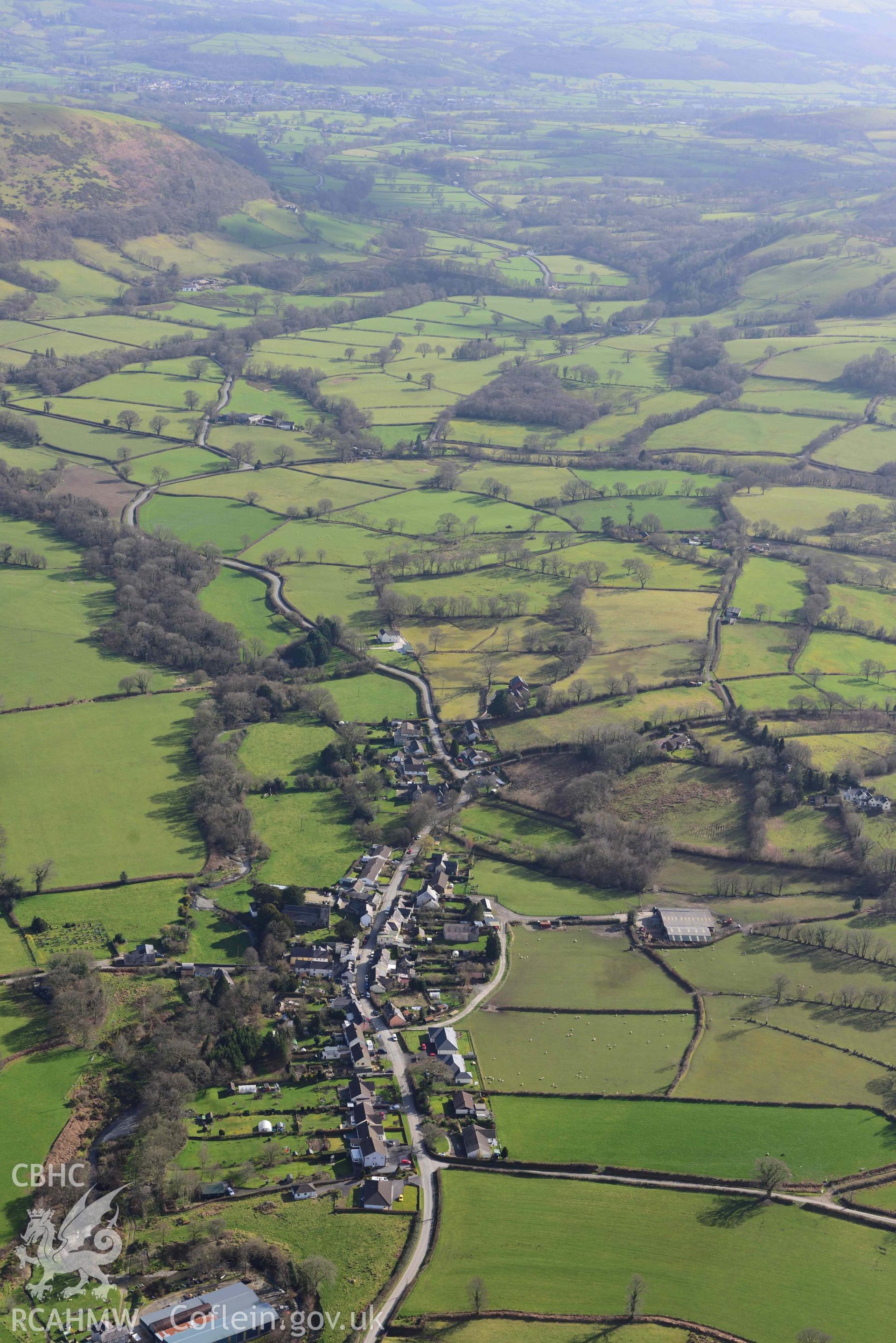 Cilycwm Village, view from north. Oblique aerial photograph taken during the Royal Commission’s programme of archaeological aerial reconnaissance by Toby Driver on 14 March 2022.