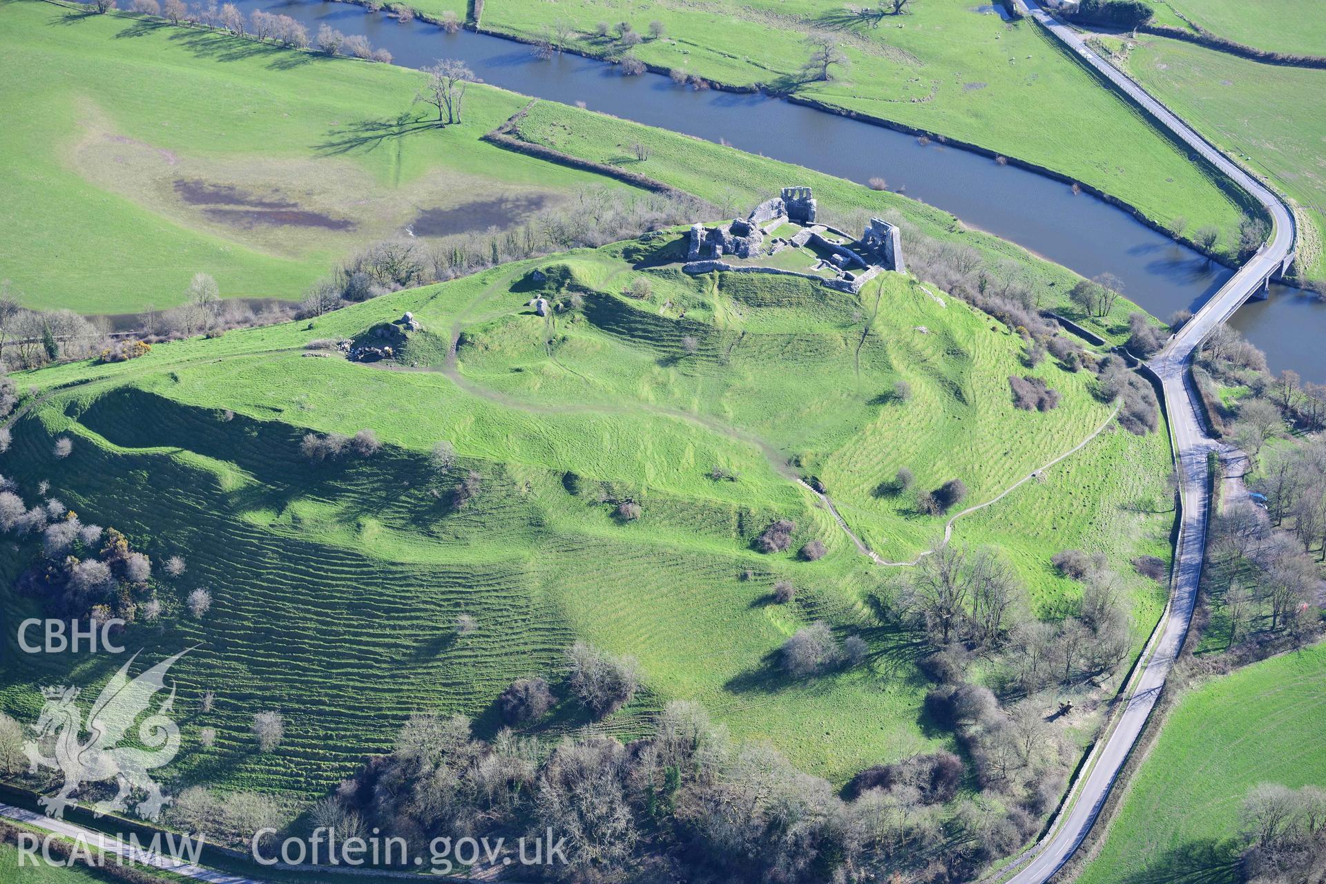 Dryslwyn Castle. Oblique aerial photograph taken during the Royal Commission’s programme of archaeological aerial reconnaissance by Toby Driver on 14 March 2022.