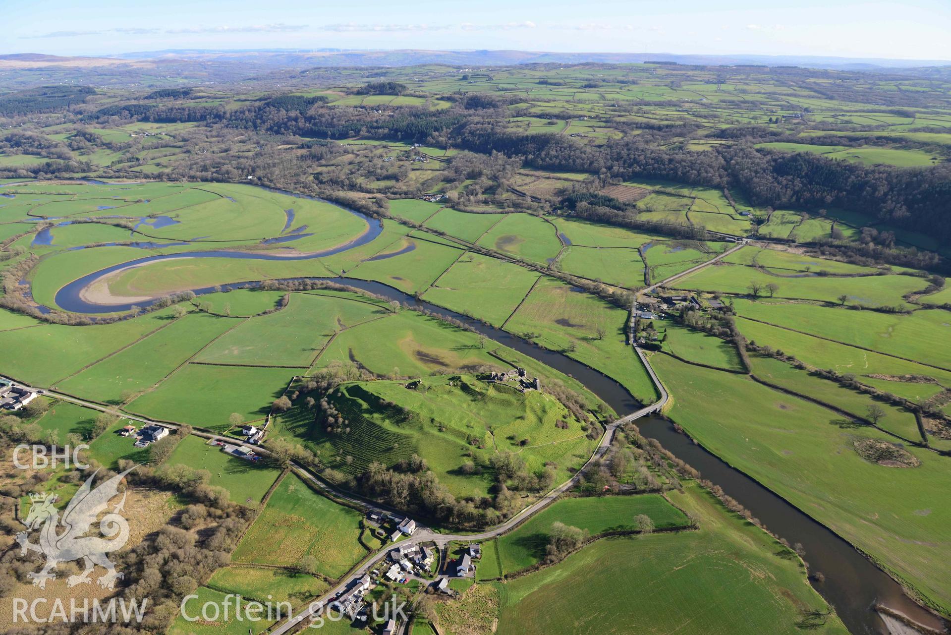 Dryslwyn Castle, wide landscape view from the northwest. Oblique aerial photograph taken during the Royal Commission’s programme of archaeological aerial reconnaissance by Toby Driver on 14 March 2022.