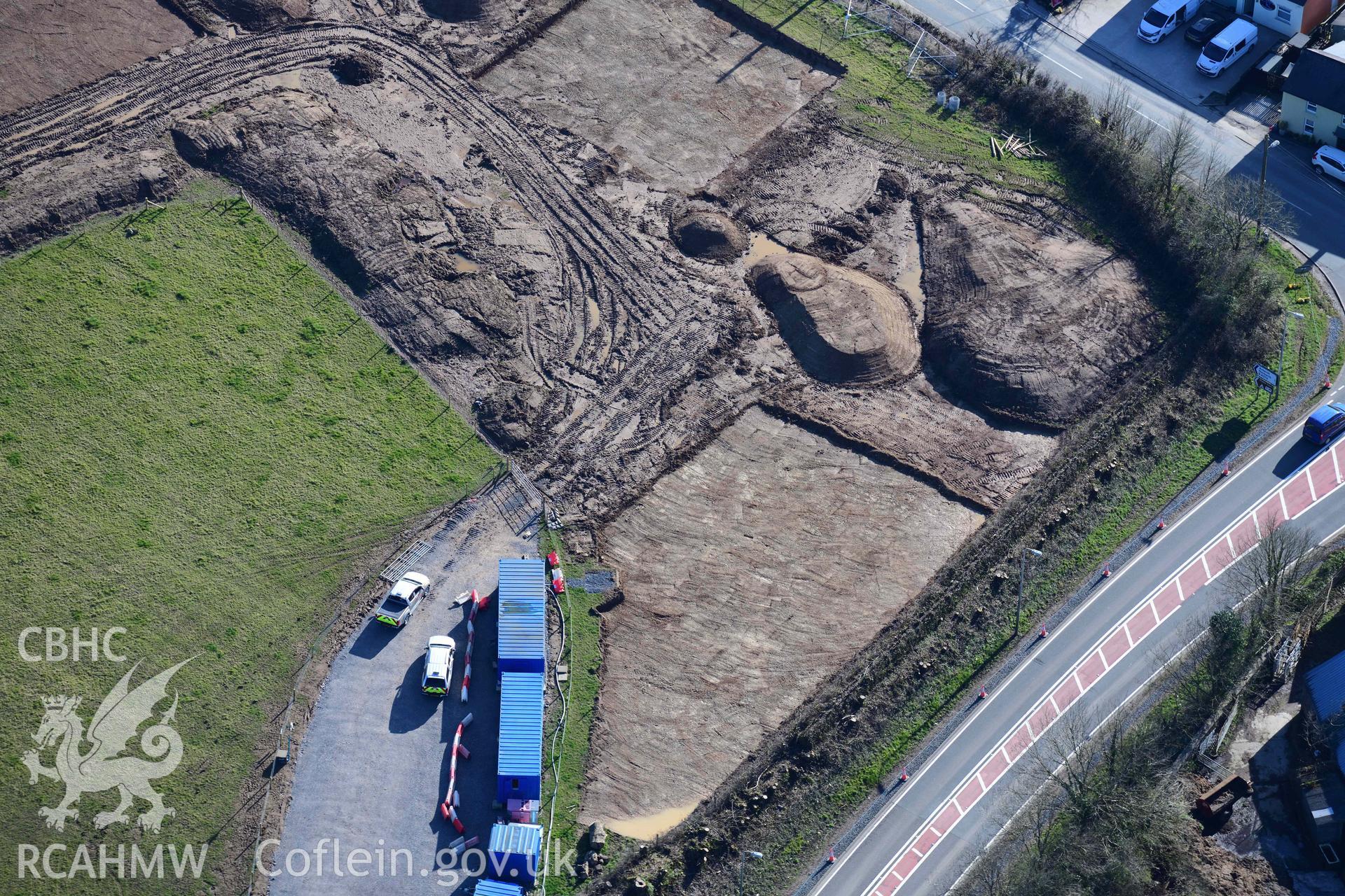 Redstone Cross, Narberth, archaeological evaluation. Oblique aerial photograph taken during the Royal Commission’s programme of archaeological aerial reconnaissance by Toby Driver on 14 March 2022.