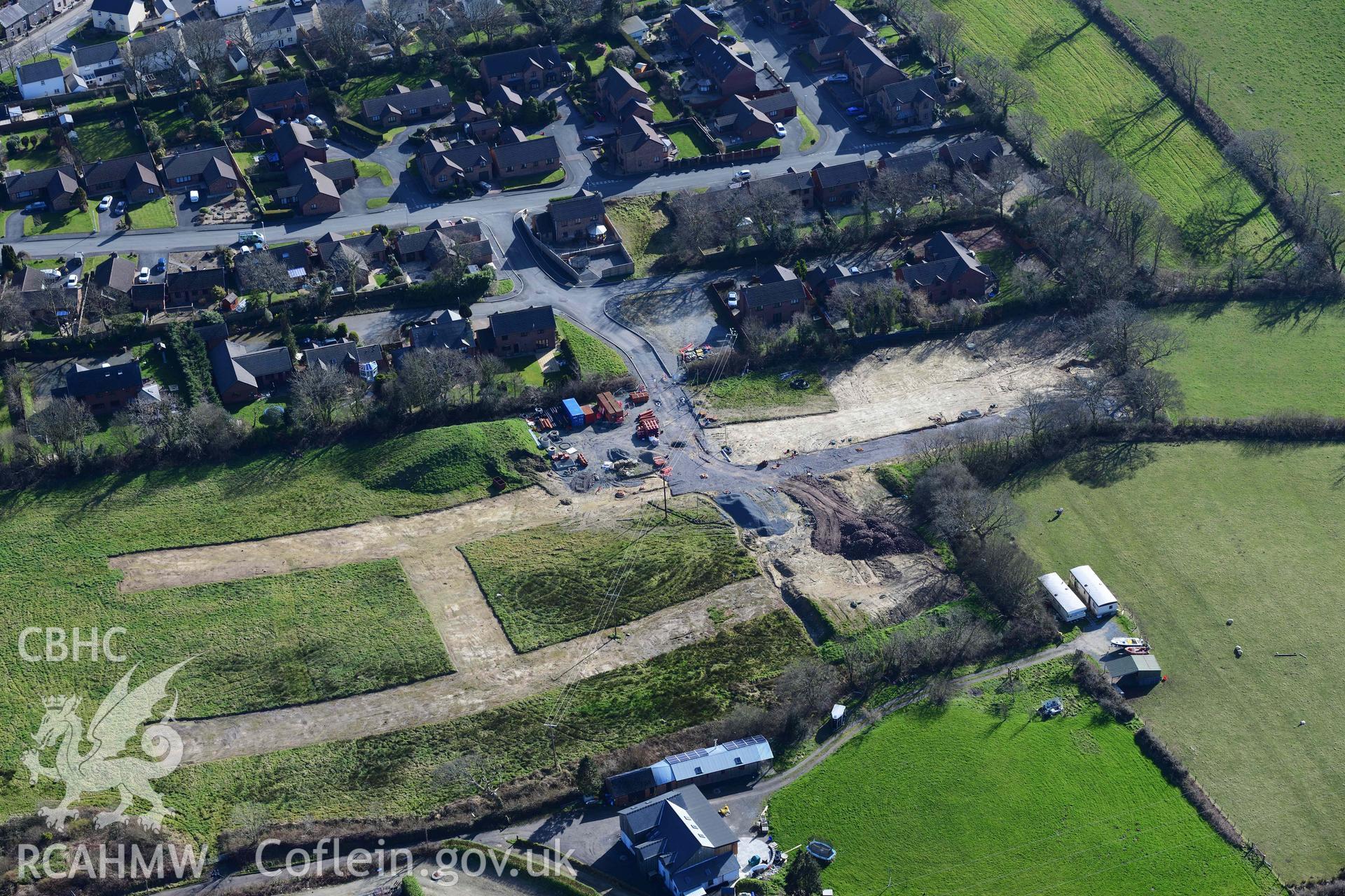 Redstone Cross, Narberth, archaeological evaluation. Oblique aerial photograph taken during the Royal Commission’s programme of archaeological aerial reconnaissance by Toby Driver on 14 March 2022.
