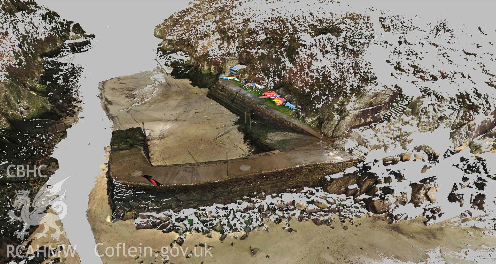 Porthclais Harbour viewed from the harbour entrance. Image derived from laser scan point cloud data. Produced as part of a Terrestrial Laser Scanning Survey of Porthclais Harbour, carried out by Dr Jayne Kamintzis of RCAHMW, 20 February 2023.