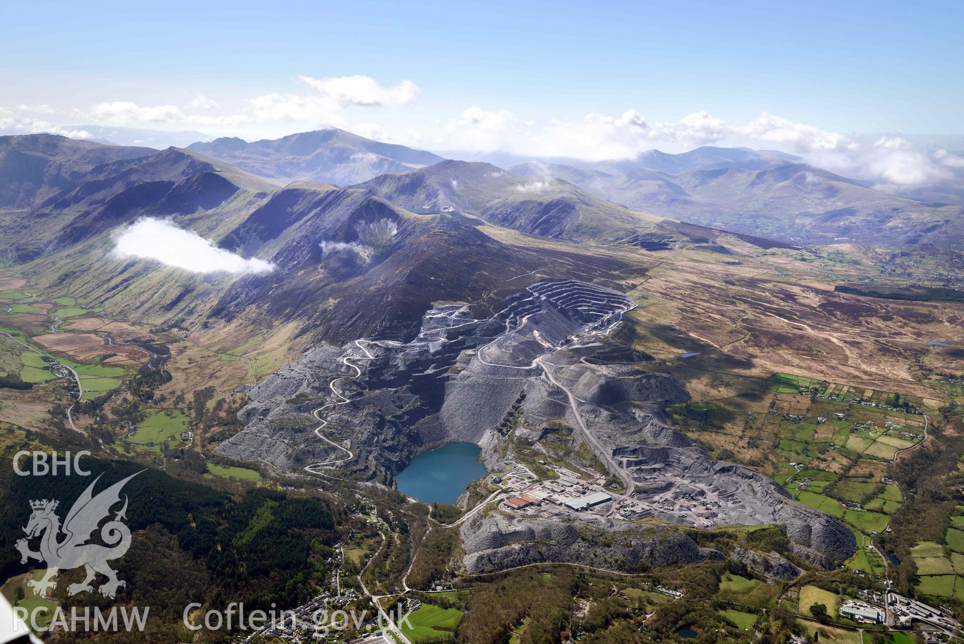 Aerial photograph of Penrhyn Slate Quarry. Taken during the Royal Commission’s programme of archaeological aerial reconnaissance by Toby Driver on 20 April 2018.