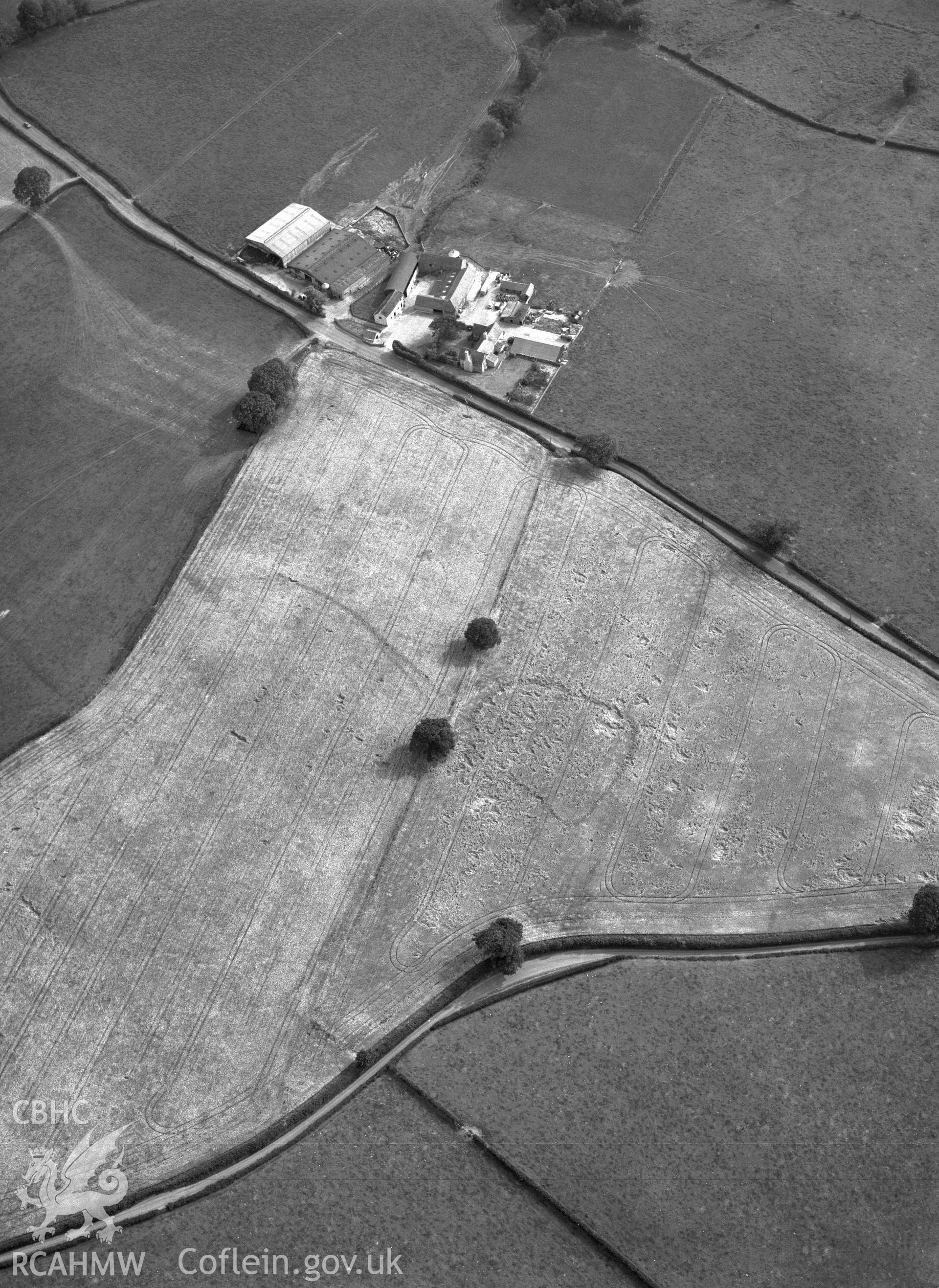 RCAHMW black and white oblique aerial photograph of cropmark enclosure SE of Rhydonnen, taken by C R Musson, 22/07/1996. Digital copy available.