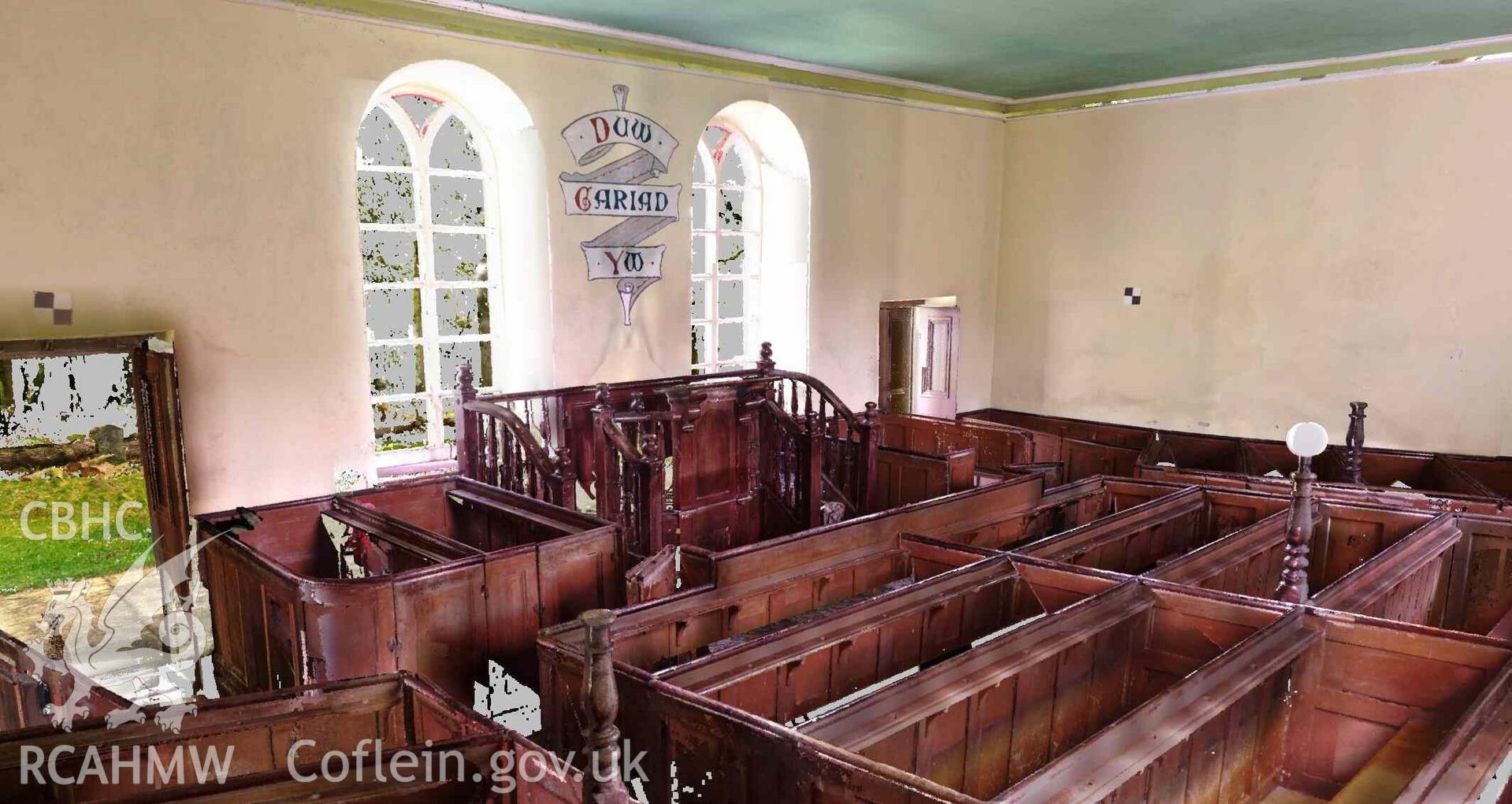 View of chapel interior, derived from laser scan point cloud data. Part of Terrestrial Laser Scanning Survey archive for Capel Soar-y-Mynydd, carried out by Dr Jayne Kamintzis of RCAHMW on 9 May 2023.