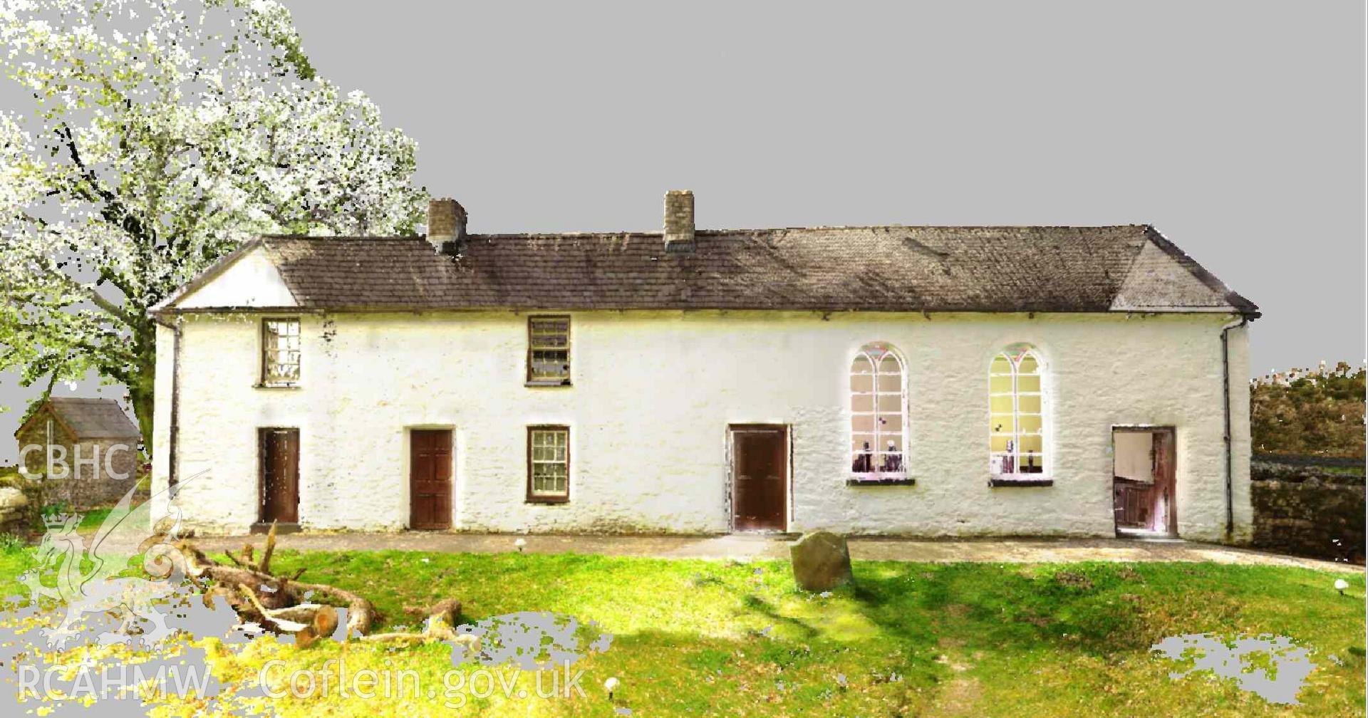 Front elevation view of the chapel, derived from laser scan point cloud data. Part of Terrestrial Laser Scanning Survey archive for Capel Soar-y-Mynydd, carried out by Dr Jayne Kamintzis of RCAHMW on 9 May 2023.