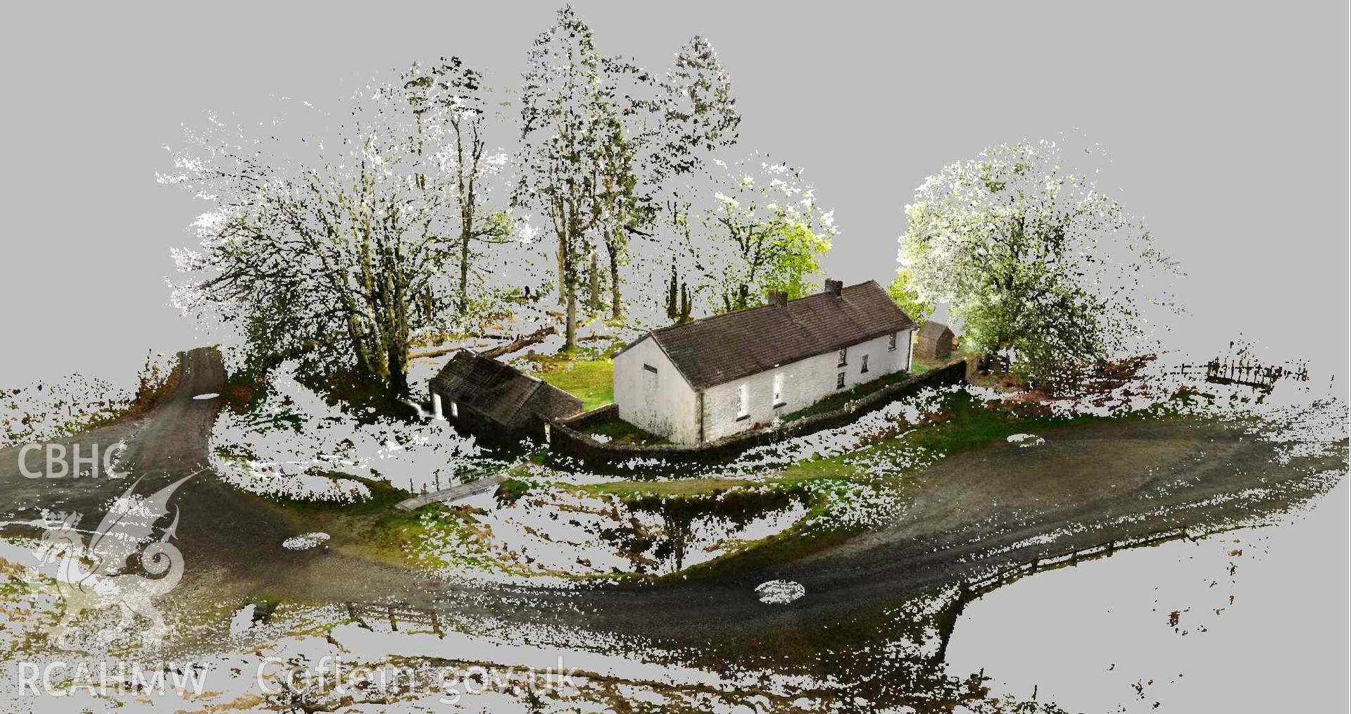 View of chapel exterior, looking south east, derived from laser scan point cloud data. Part of Terrestrial Laser Scanning Survey archive for Capel Soar-y-Mynydd, carried out by Dr Jayne Kamintzis of RCAHMW on 9 May 2023.