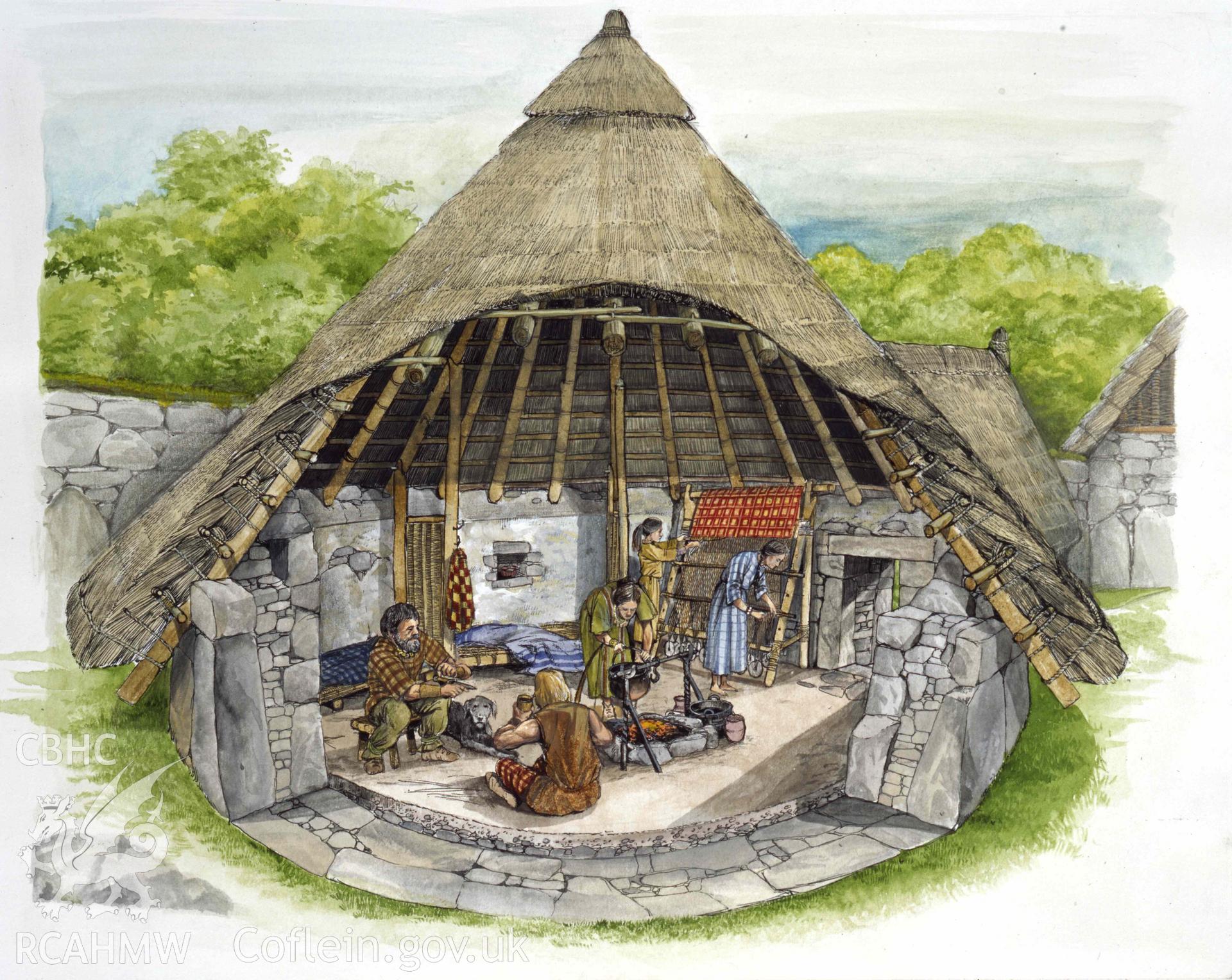 Digital copy of a watercolour cutaway reconstruction of Din Lligwy roundhouse by Brian Byron for Menter Môn. ©Menter Môn 2005, with funding from the Heritage Lottery Fund, Cadw and Welsh Assembly Government; illustration by Brian Byron.