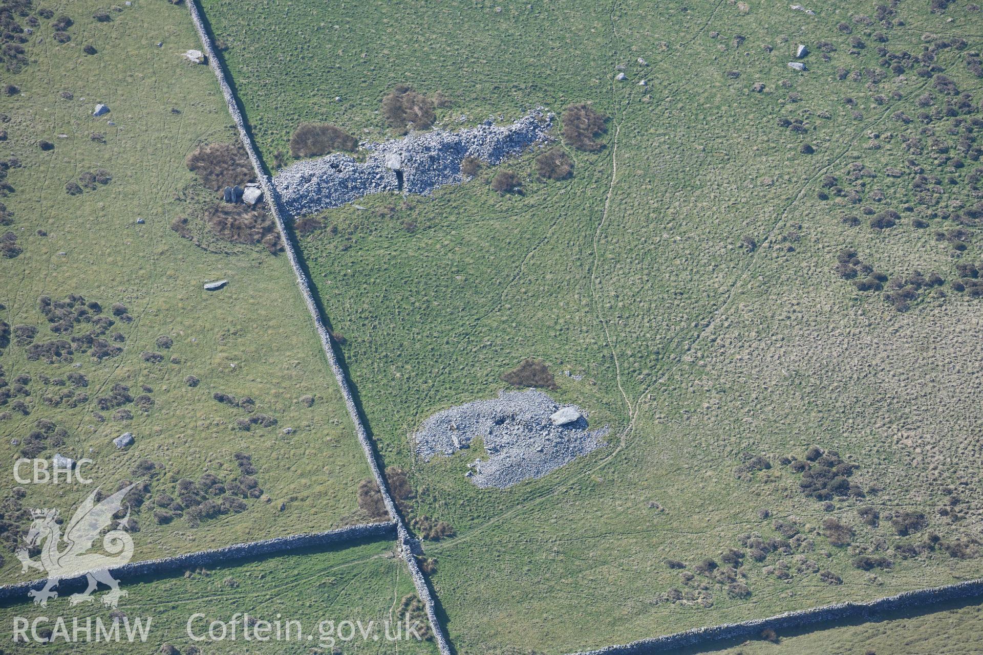 Carneddau Hengwm, chambered long cairns. Oblique aerial photograph taken during the Royal Commission’s programme of archaeological aerial reconnaissance by Toby Driver on 25 March 2022.