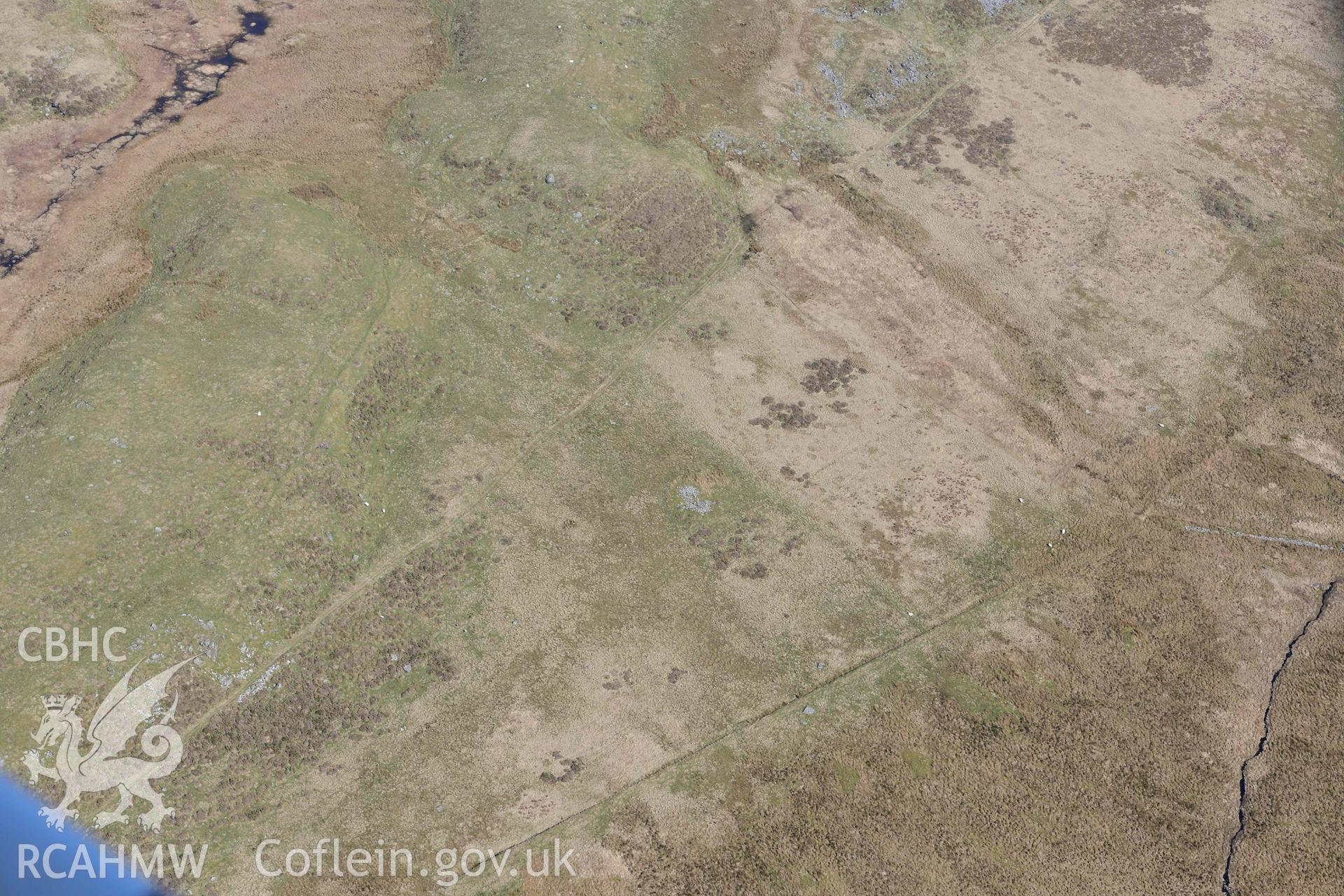 Hut Circle and Enclosure West of Llyn Eiddew Bach. Oblique aerial photographs taken during the Royal Commission’s programme of archaeological aerial reconnaissance by Toby Driver on 25 March 2022.