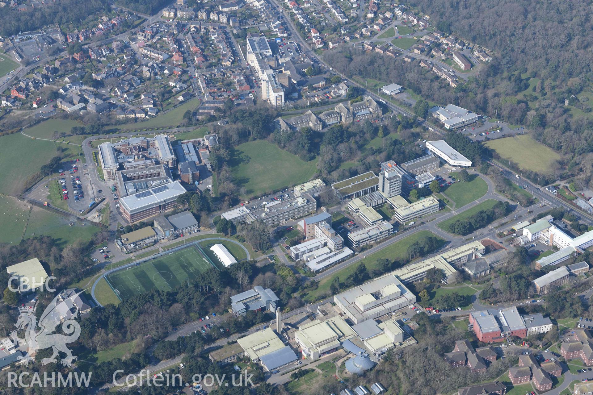 Aberystwyth University, view from the east. Oblique aerial photograph taken during the Royal Commission’s programme of archaeological aerial reconnaissance by Toby Driver on 25 March 2022.