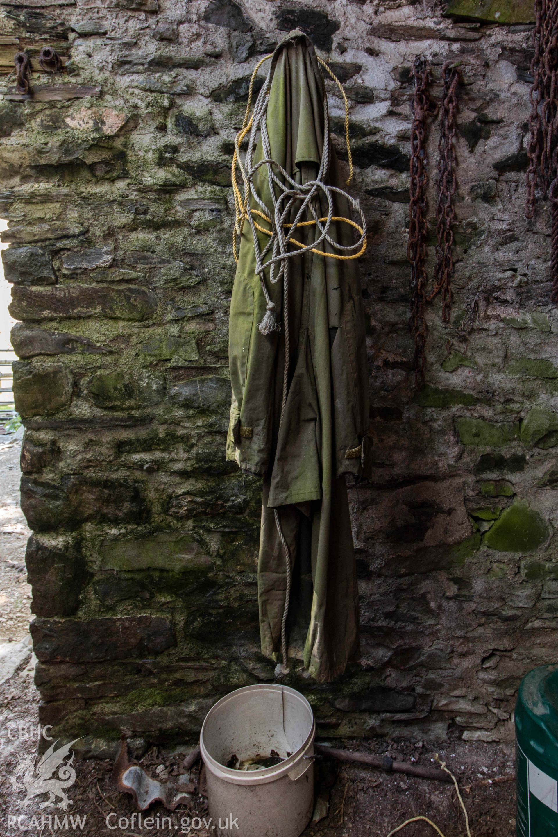 Llawrcwmbach: barn interior detail - overall and ropes