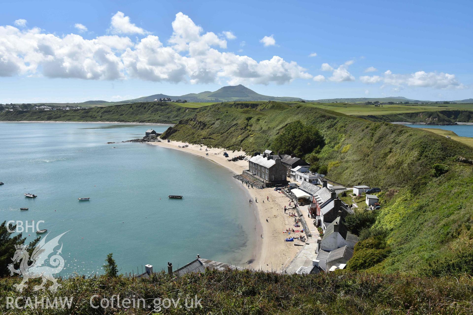 Porth Dinllaen from the north. Photographed by Louise Barker of RCAHMW, 9th June 2017. Produced with EU funds through the Ireland Wales Co-operation Programme 2014-2023. All material made freely available through the Open Government Licence.