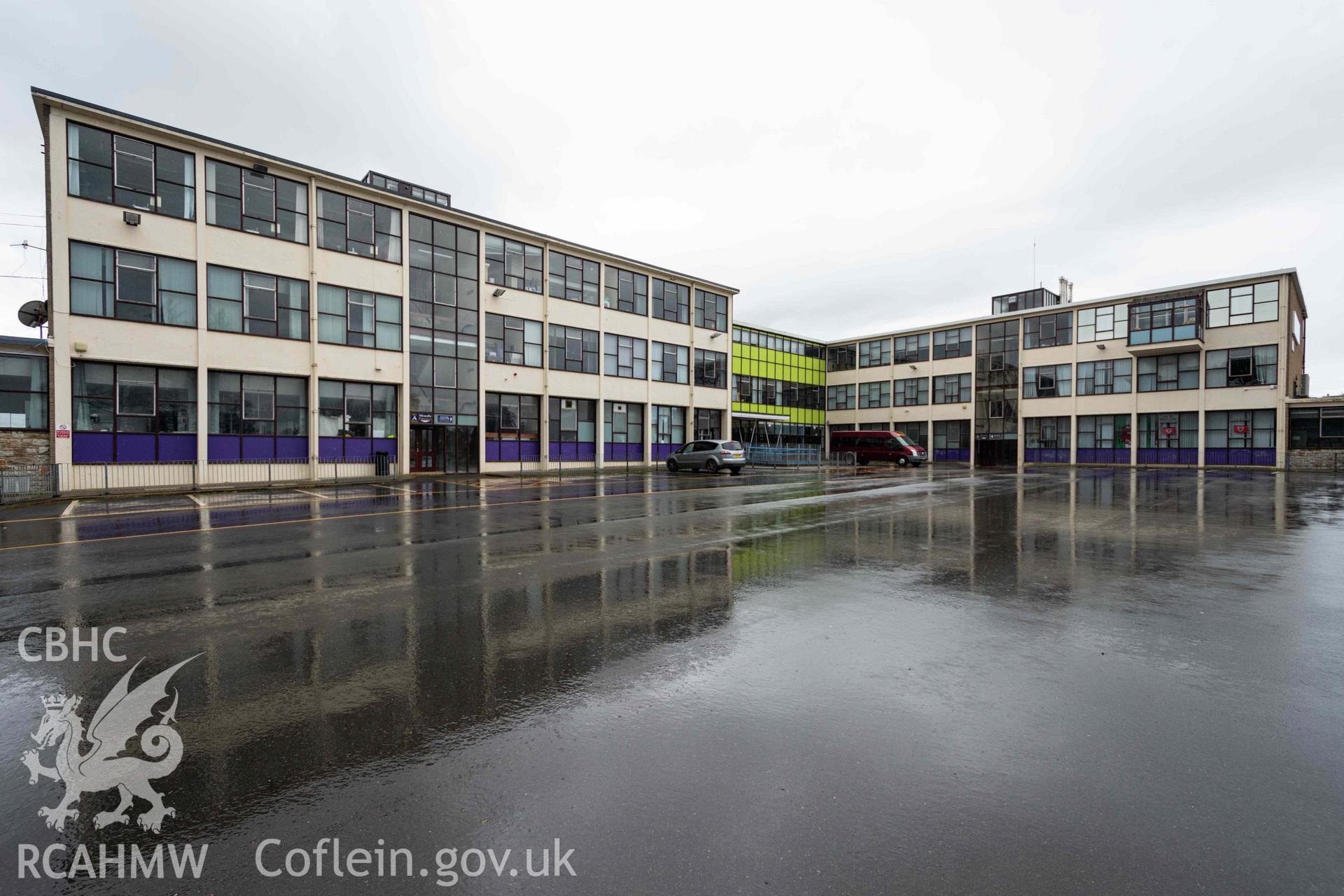Main car park and north east wings. Looking west. Ysgol David Hughes