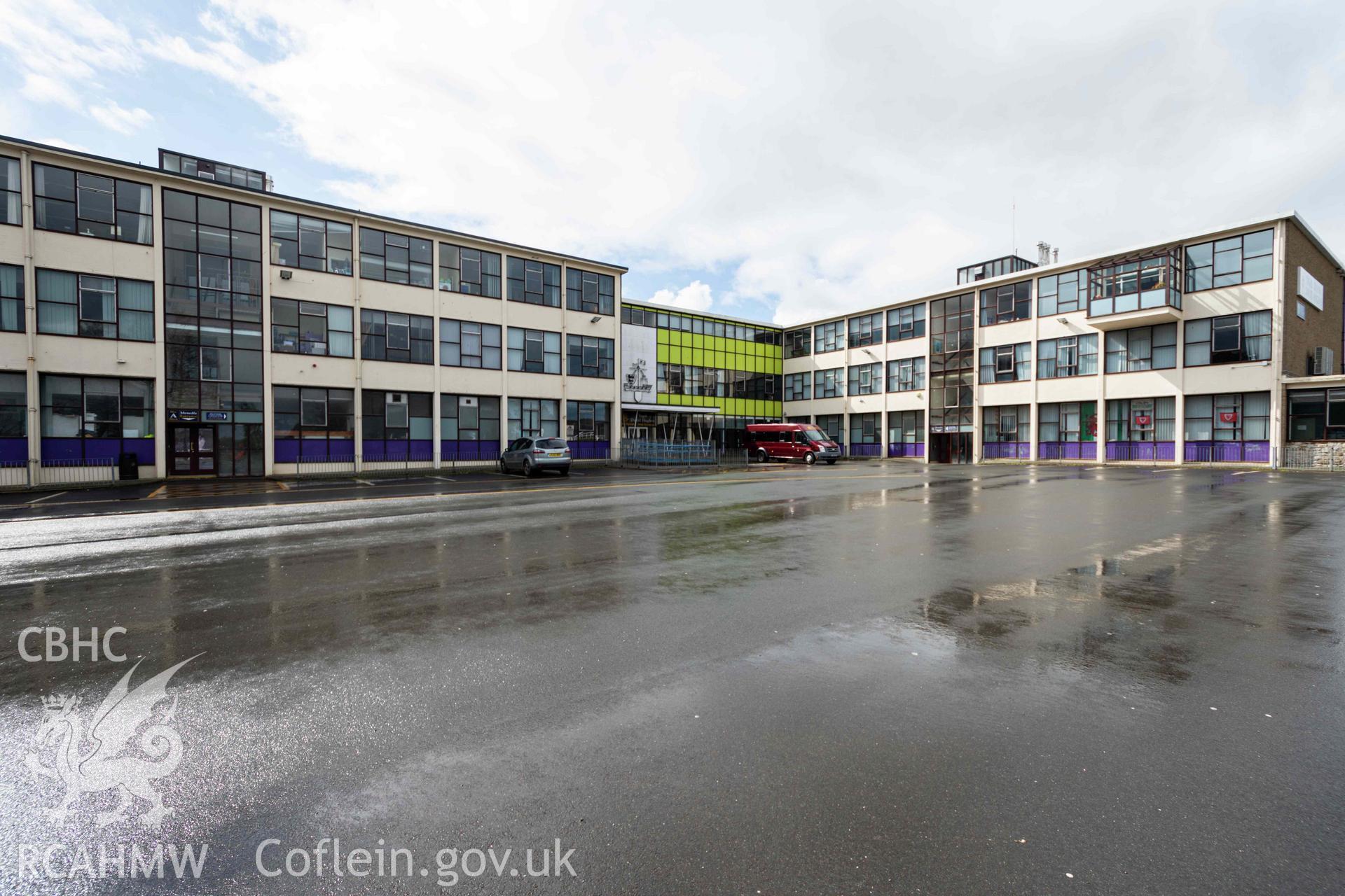 Main car park, looking west towards main entrance. Ysgol David Hughes