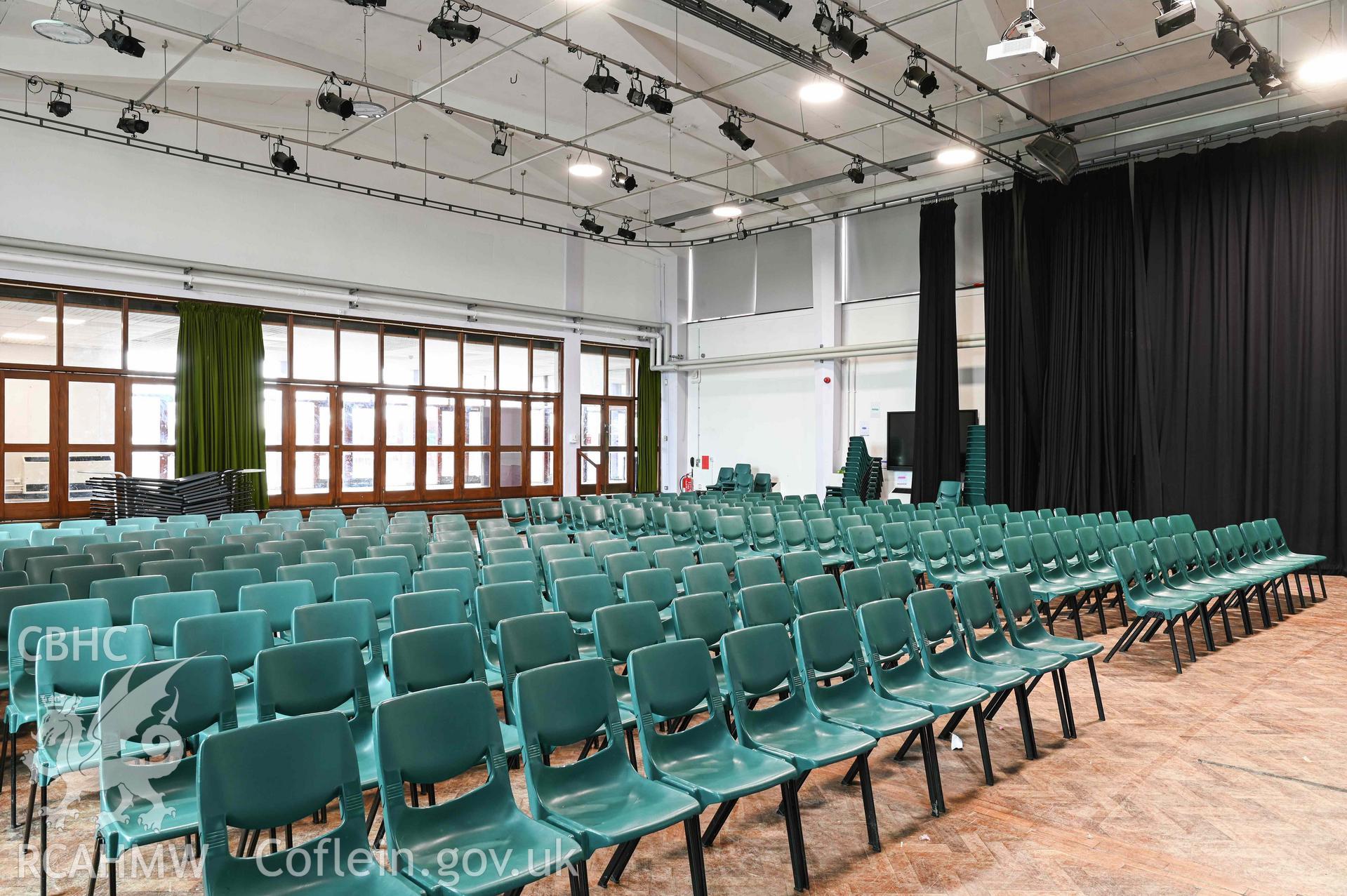 Assembly hall, view from front corner towards entrance. Ysgol David Hughes