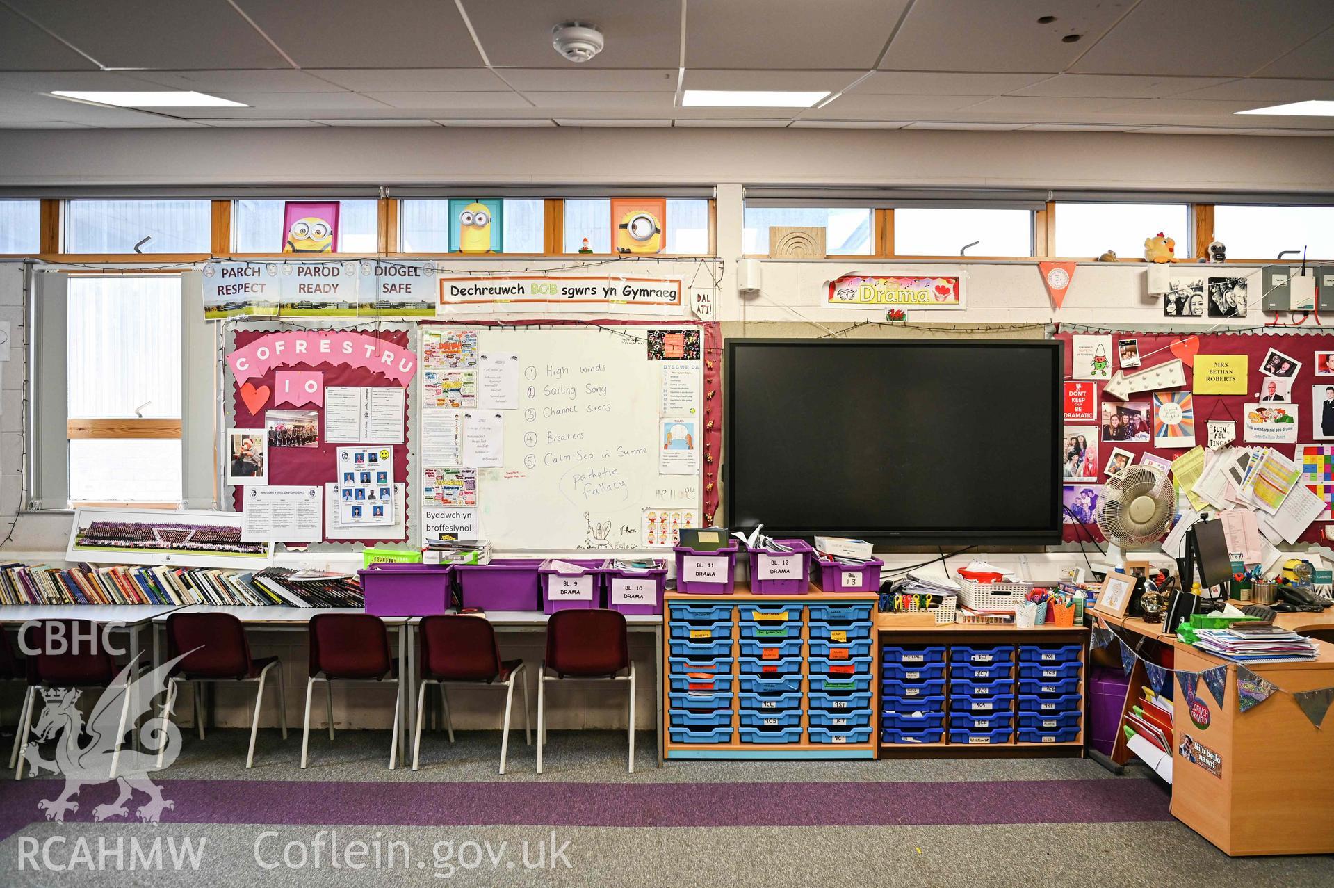Drama classroom. View towards front. Ground floor, west wing. Ysgol David Hughes