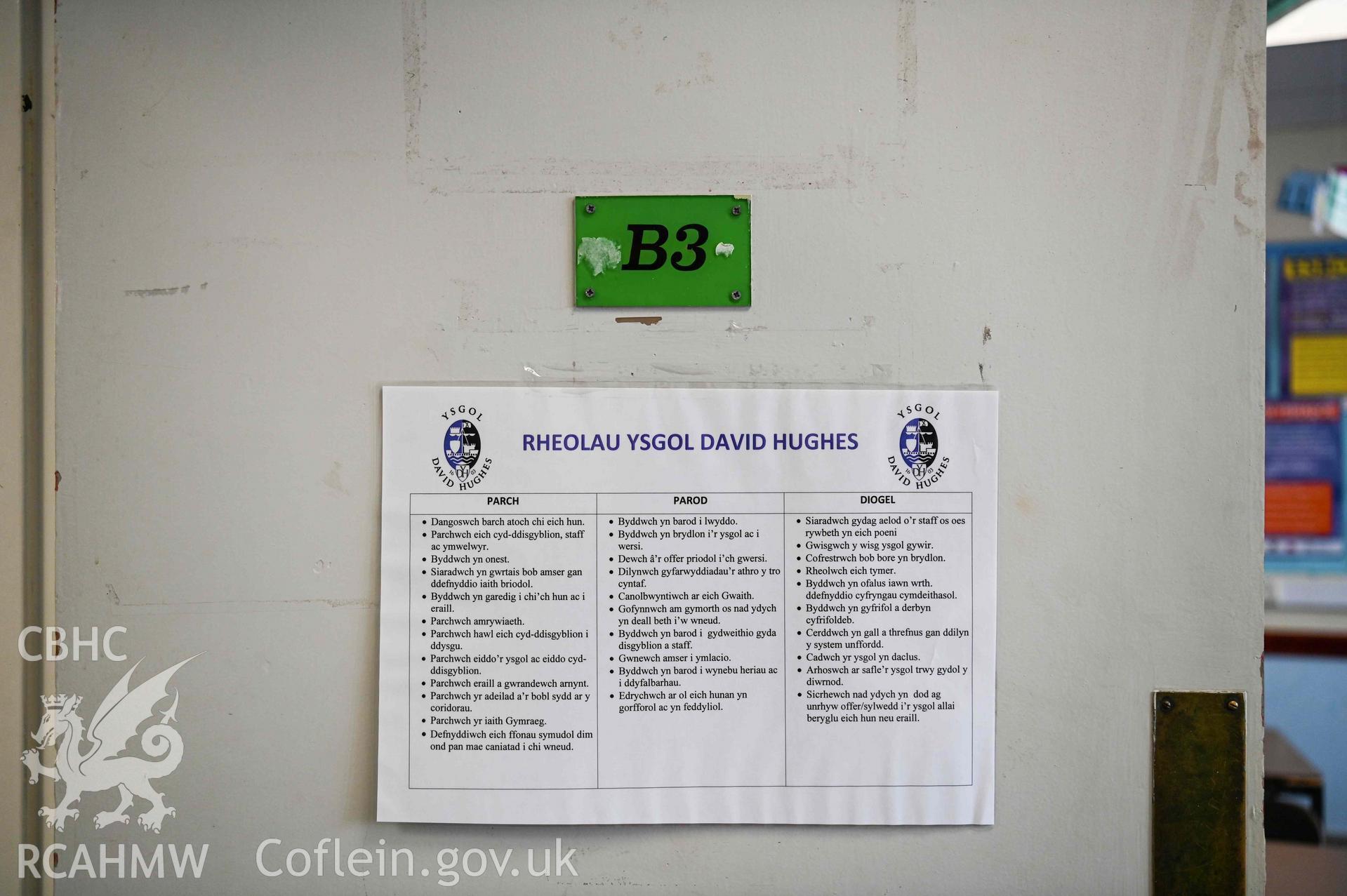 B3 classroom door with school rules notification. Block B, Ysgol David Hughes