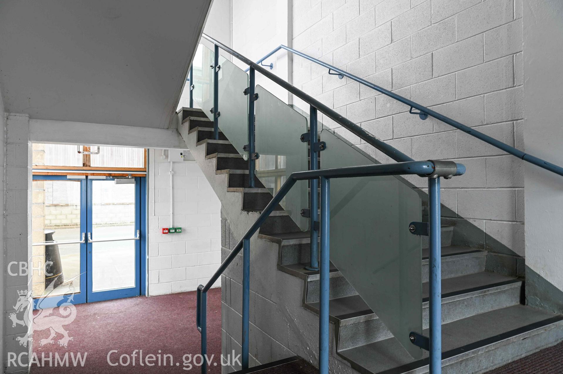 Staircase, west wing. Fire exit. Ysgol David Hughes