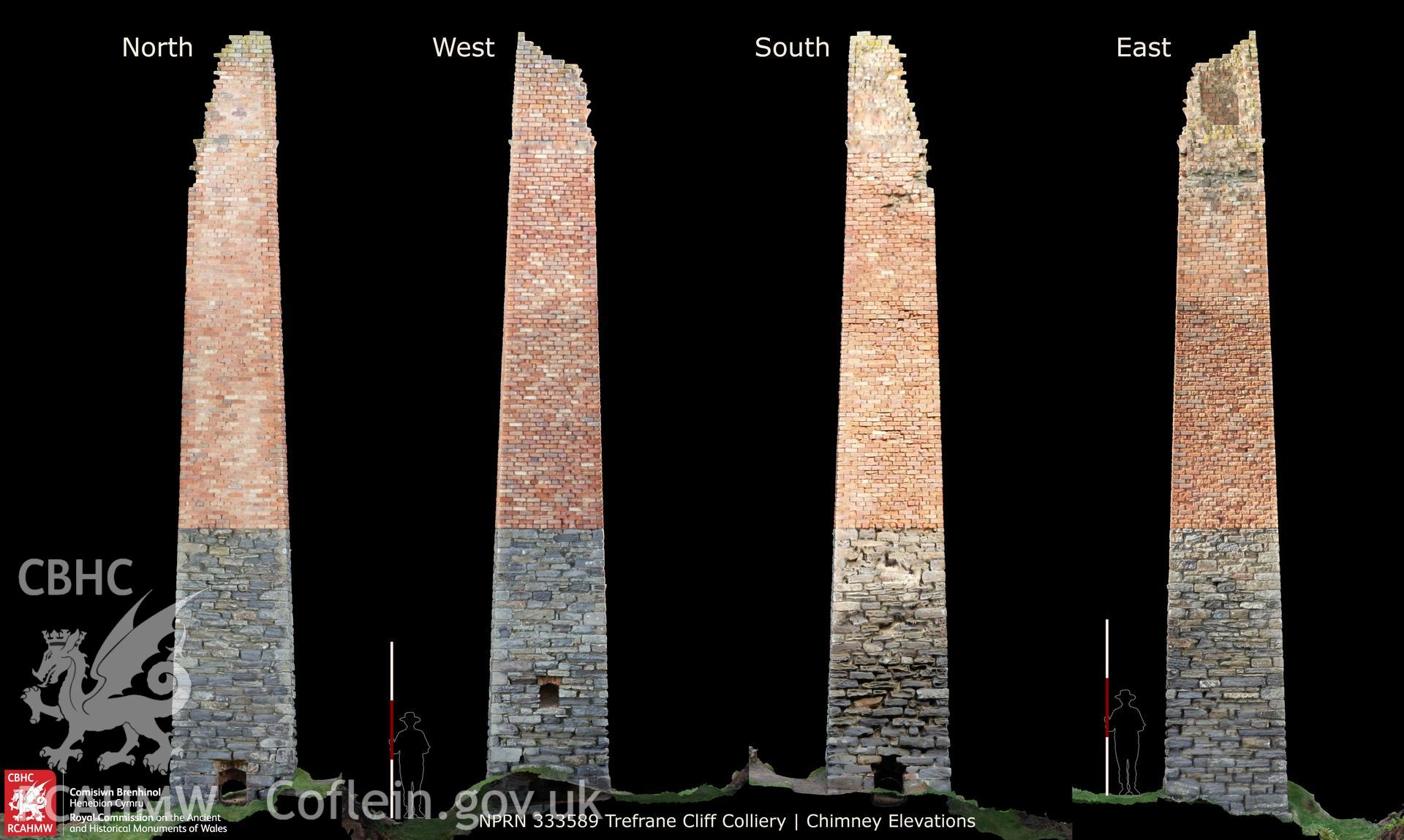 Digital image showing chimney elevations produced from a photogrammetric survey of Trefrane Cliff Colliery, Pembrokeshire, conducted by Dr Julian Whitewright of RCAHMW, 11 October 2022, as part of a Monument/topographic Survey.