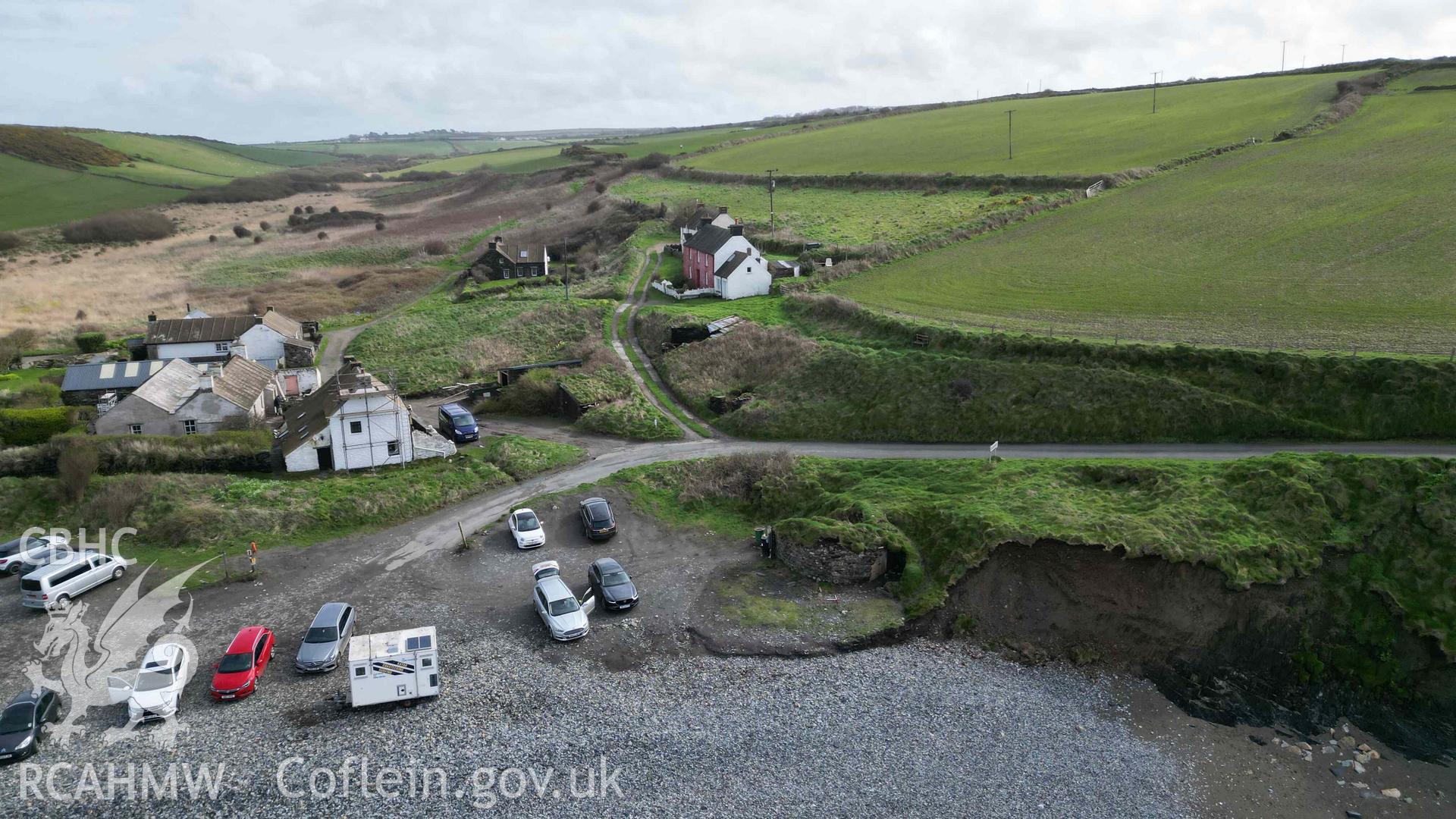 Oblique view of Abereiddy Lime Kiln 1 and the surrounding area of the southern side of the beach on 20/03/2024. North is to the left, scales are 1m.