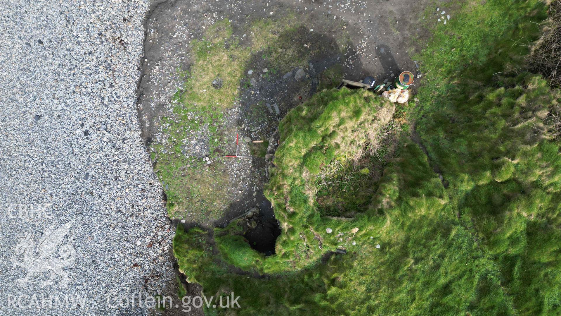 Overhead view of Abereiddy Lime Kiln 1 on 20/03/2024. North is to the top, scales are 1m.