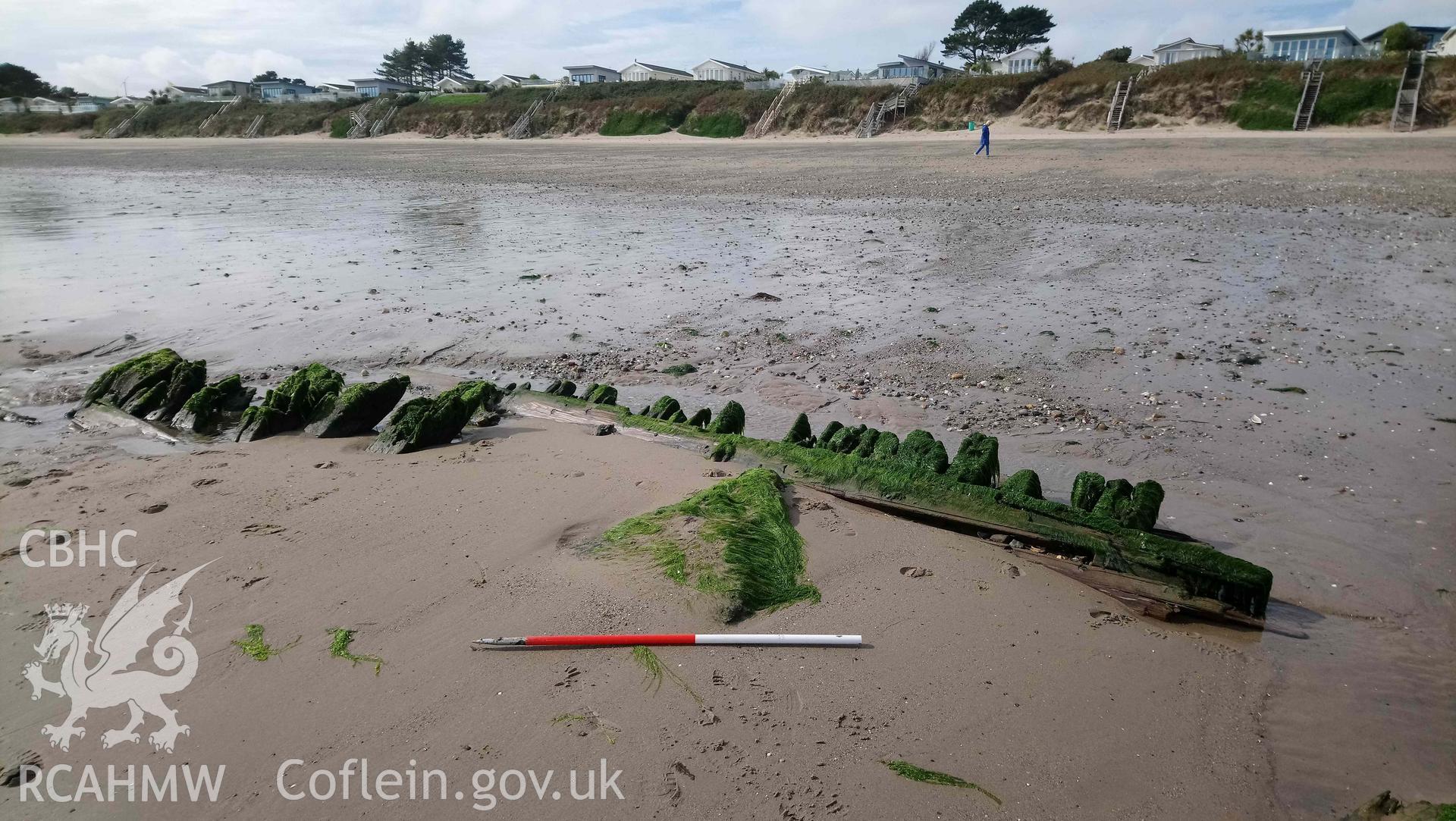 Exposed framing on the north side of vessel. Part of photographic survey of the Unnamed Wreck (Fosil?) on The Warren Beach, Abersoch, conducted on 11 September 2018 by Daniel Hunt. Crown Copyright. CHERISH project. Produced with EU funds through the Ireland Wales Co-operation Programme 2014-2023. All material made freely available through the Open Government Licence.