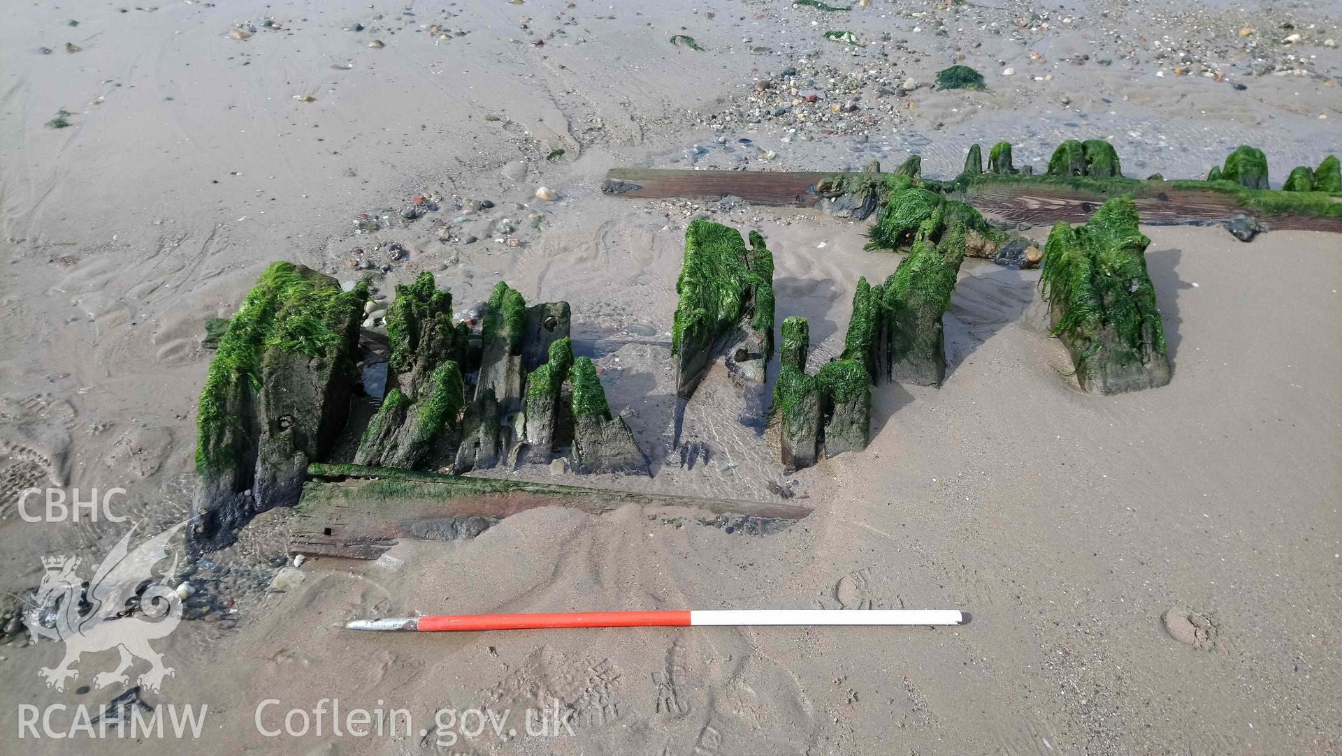 Exposed framing on the north side of vessel. Part of photographic survey of the Unnamed Wreck (Fosil?) on The Warren Beach, Abersoch, conducted on 11 September 2018 by Daniel Hunt. Crown Copyright. CHERISH project. Produced with EU funds through the Ireland Wales Co-operation Programme 2014-2023. All material made freely available through the Open Government Licence.