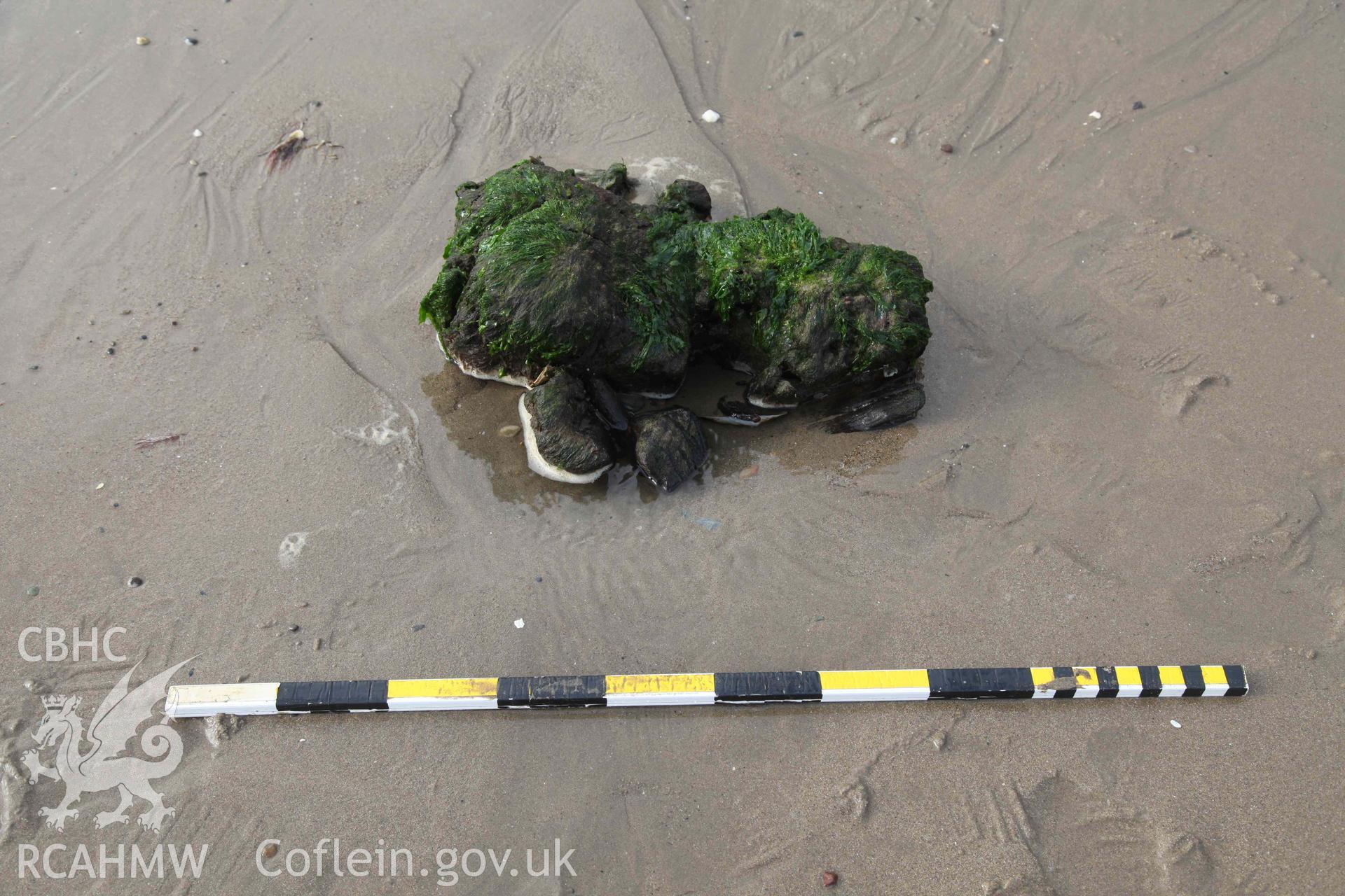 Unnamed Wreck (Fosil?) on The Warren Beach, Abersoch. Bow. Photographed by Edward Pollard on 1 October 2019. Crown Copyright. CHERISH project. Produced with EU funds through the Ireland Wales Co-operation Programme 2014-2023. All material made freely available through the Open Government Licence.