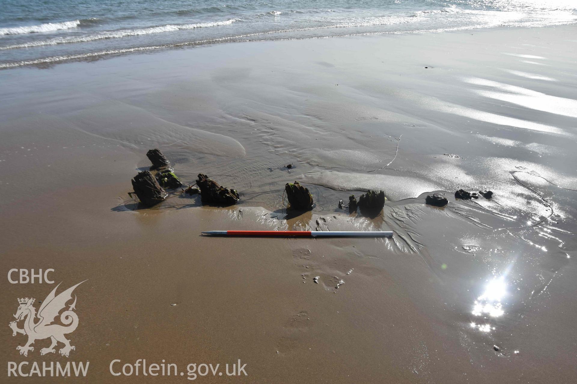 Unnamed Wreck (Fosil?) on The Warren Beach, Abersoch. Detail of exposed framing at bow. Photographed by Louise Barker on 15 September 2020. Crown Copyright. CHERISH project. Produced with EU funds through the Ireland Wales Co-operation Programme 2014-2023. All material made freely available through the Open Government Licence.