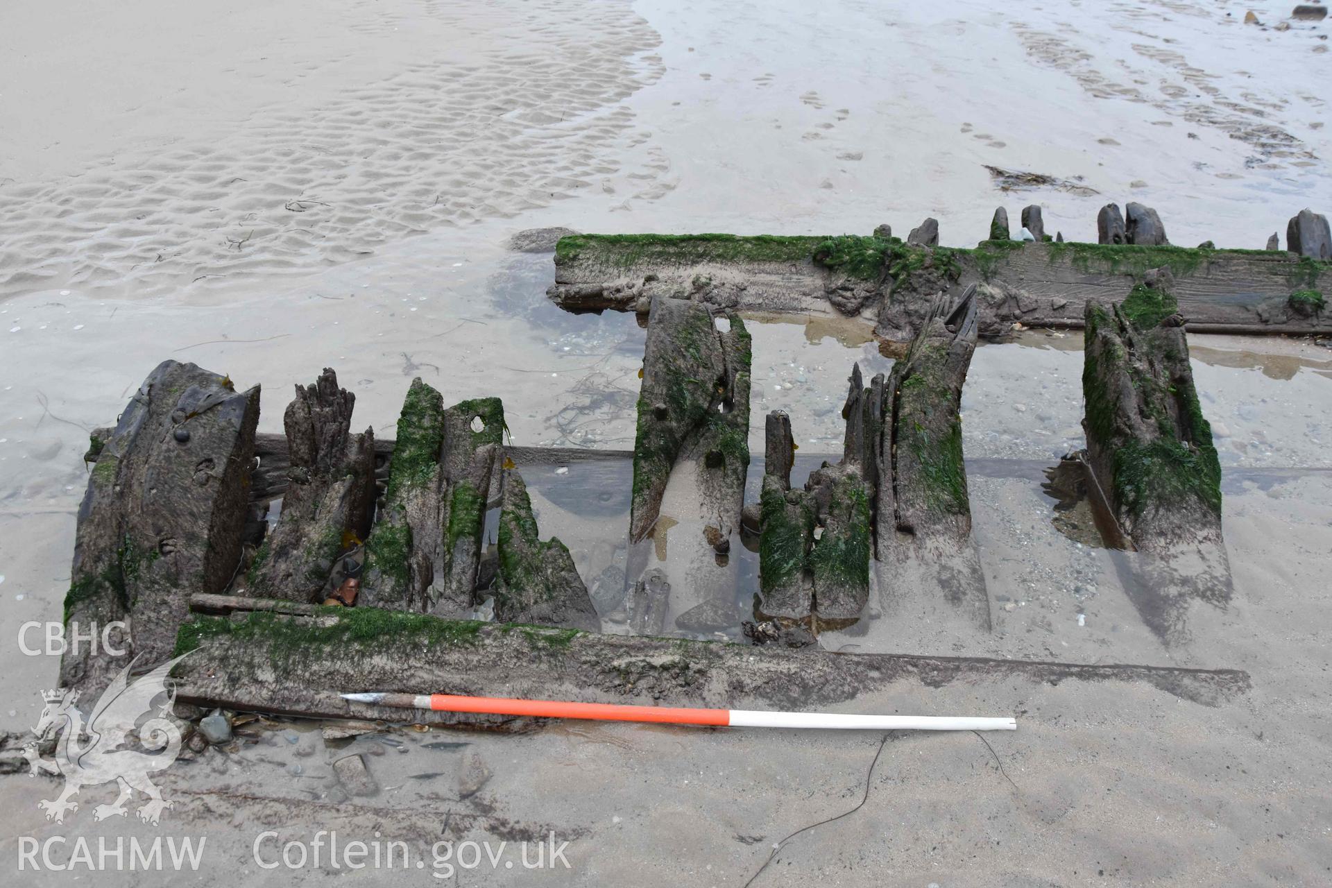 The wreck. Exposed frame and planking on the north side of vessel. Digital photograph of the Unnamed Wreck (Fosil?) on The Warren Beach, Abersoch, taken by Louise Barker on 23 January 2019. Crown Copyright. CHERISH project. Produced with EU funds through the Ireland Wales Co-operation Programme 2014-2023. All material made freely available through the Open Government Licence.