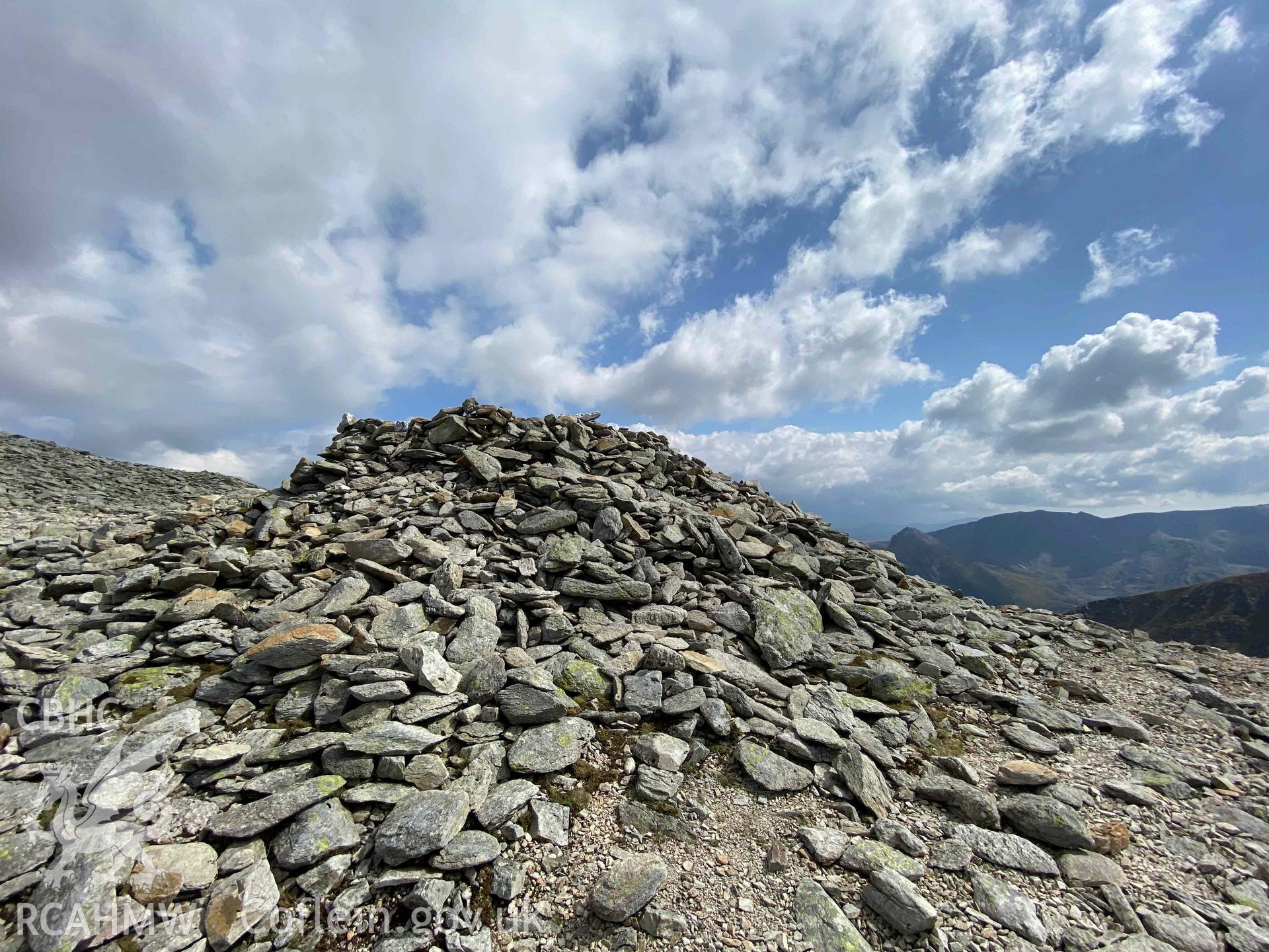 Digital colour photograph showing Carnedd Dafydd cairn.