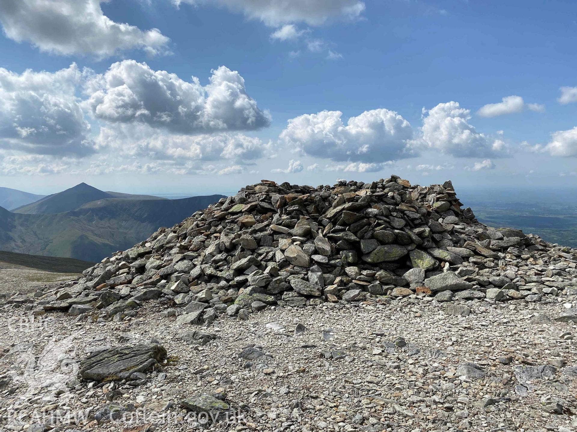 Digital colour photograph showing Carnedd Dafydd cairn.