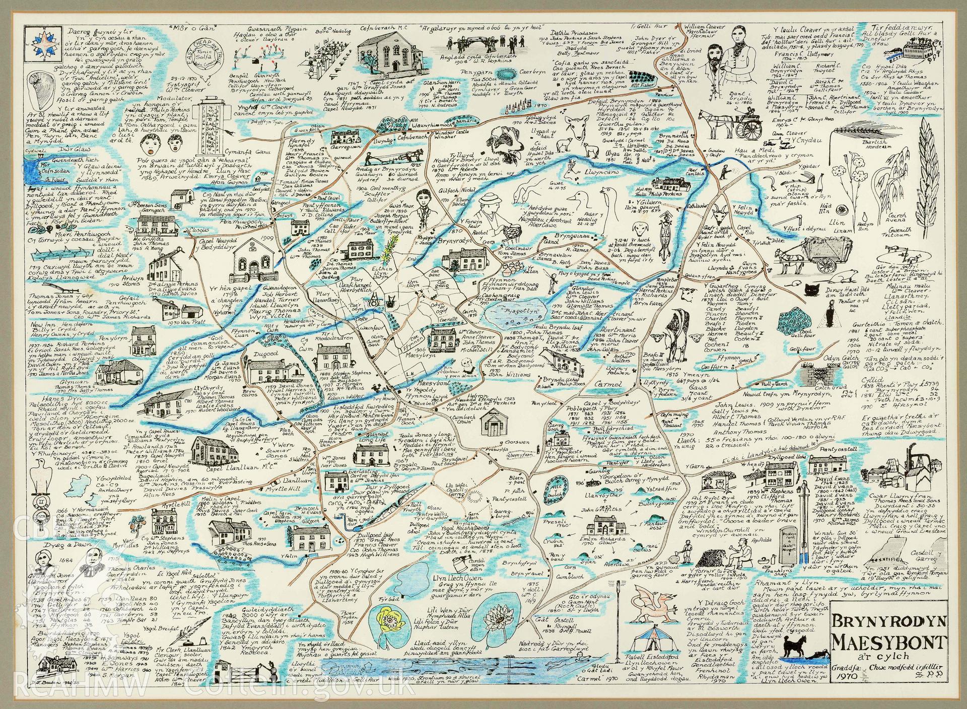 Digitised copy of hand-drawn, colour 'memory' map, created by Sidney Perkins in 1970. Called 'Brynyrodyn Maesybont a'r Cylch', the map features local farms, chapels and notable landmarks, along with information such as the names of the families who lived there, and memories associated with various locations.