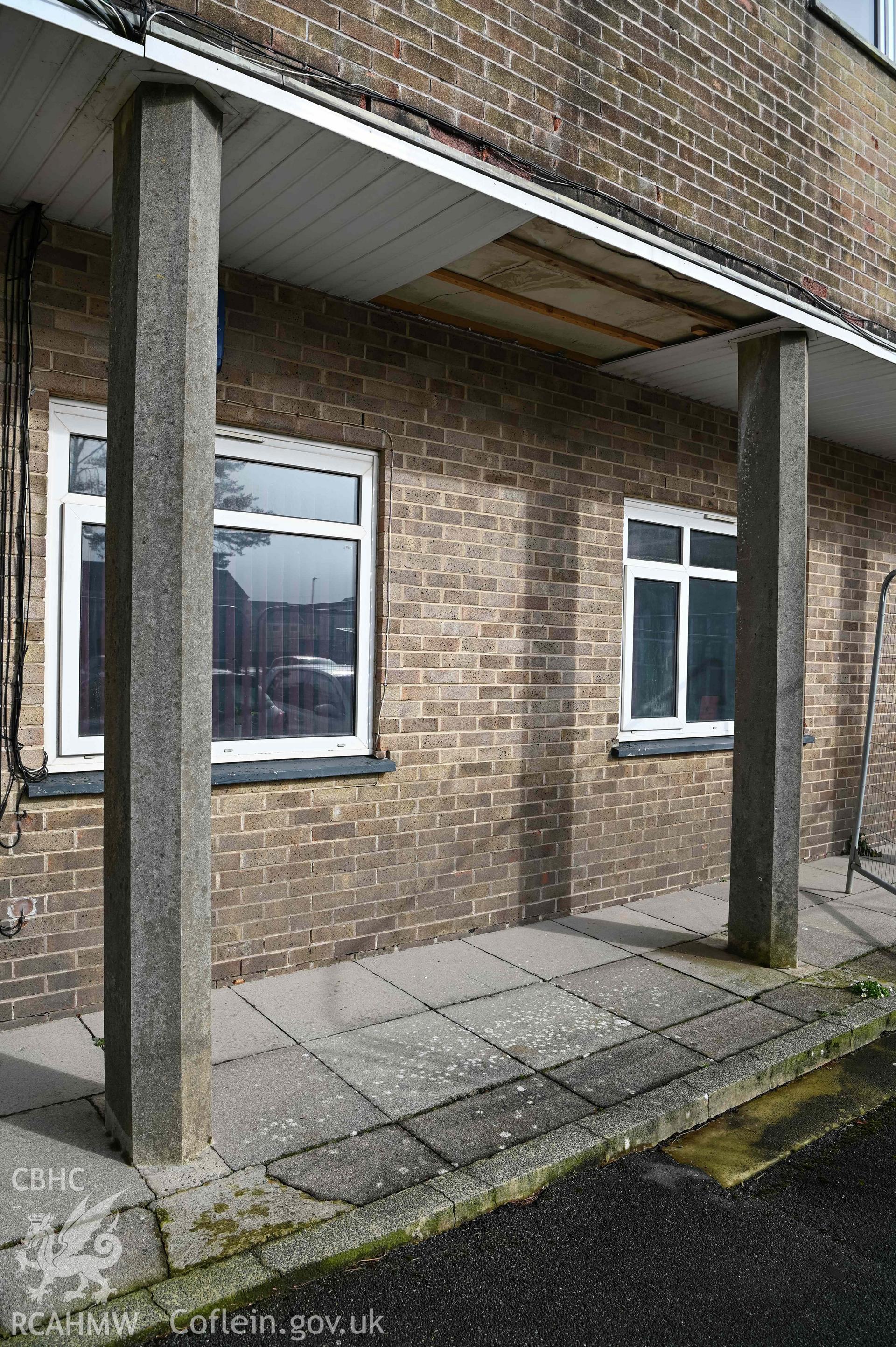 Concrete pillars and underpass, bottom of south west elevations of tower. Ysgol Bro Preseli