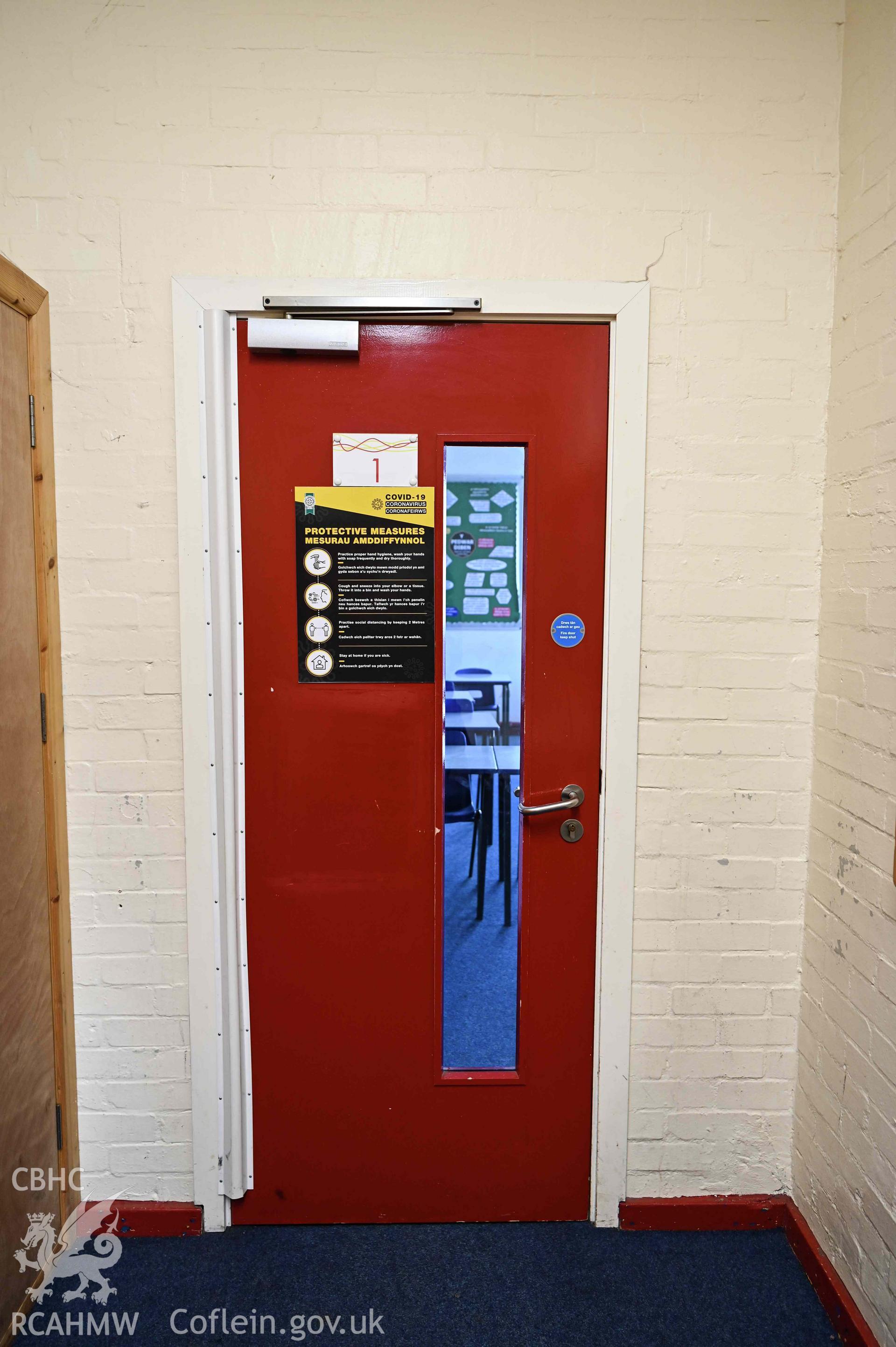 Door to classroom 1 (mathematics). Lower ground floor, Ysgol Bro Preseli