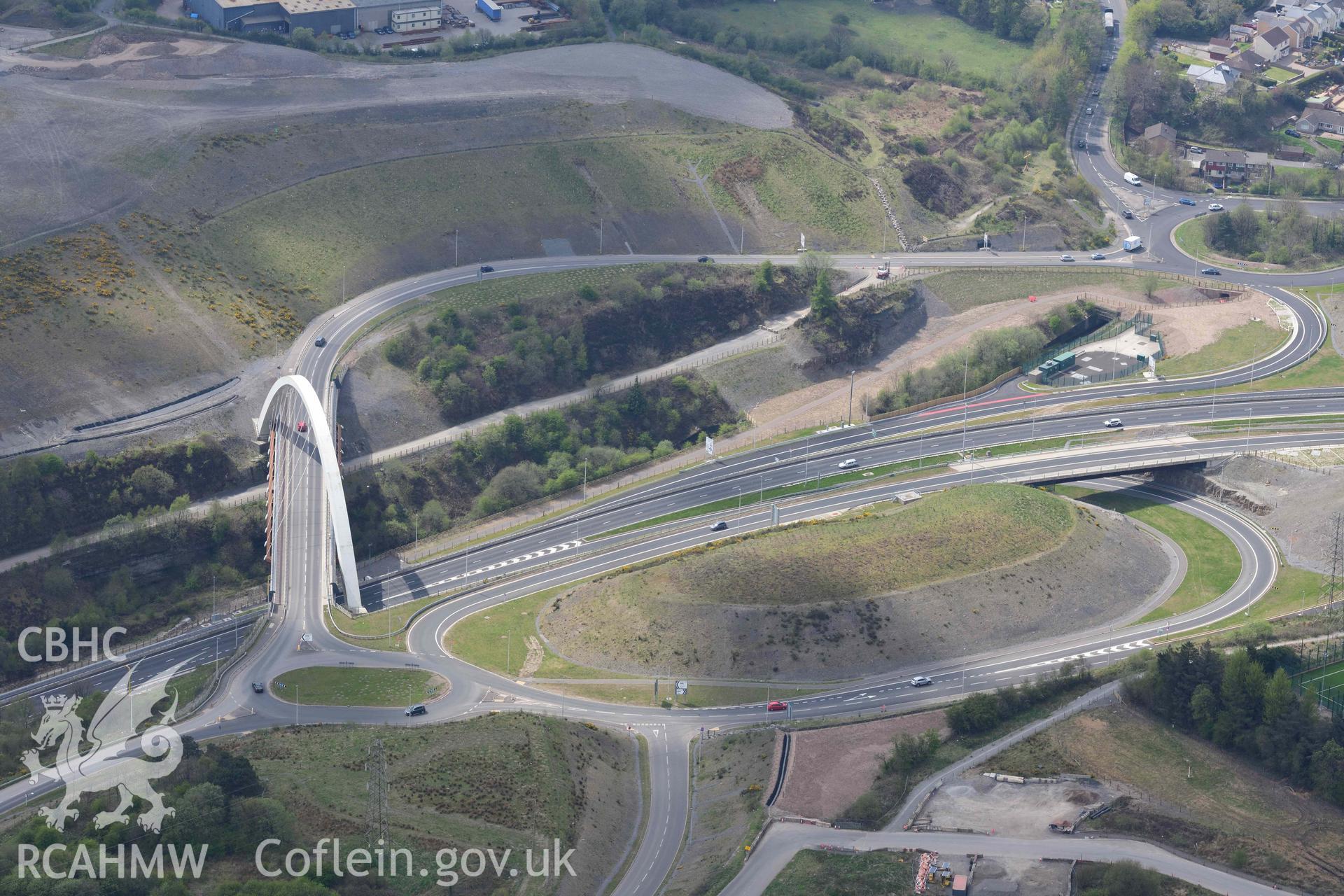 Cwm Clydach, Brynmawr, viaduct and new road junction, A465 Heads of the Valleys. Oblique aerial photograph taken during the Royal Commission's programme of archaeological aerial reconnaissance by Toby Driver on 29 April 2022.