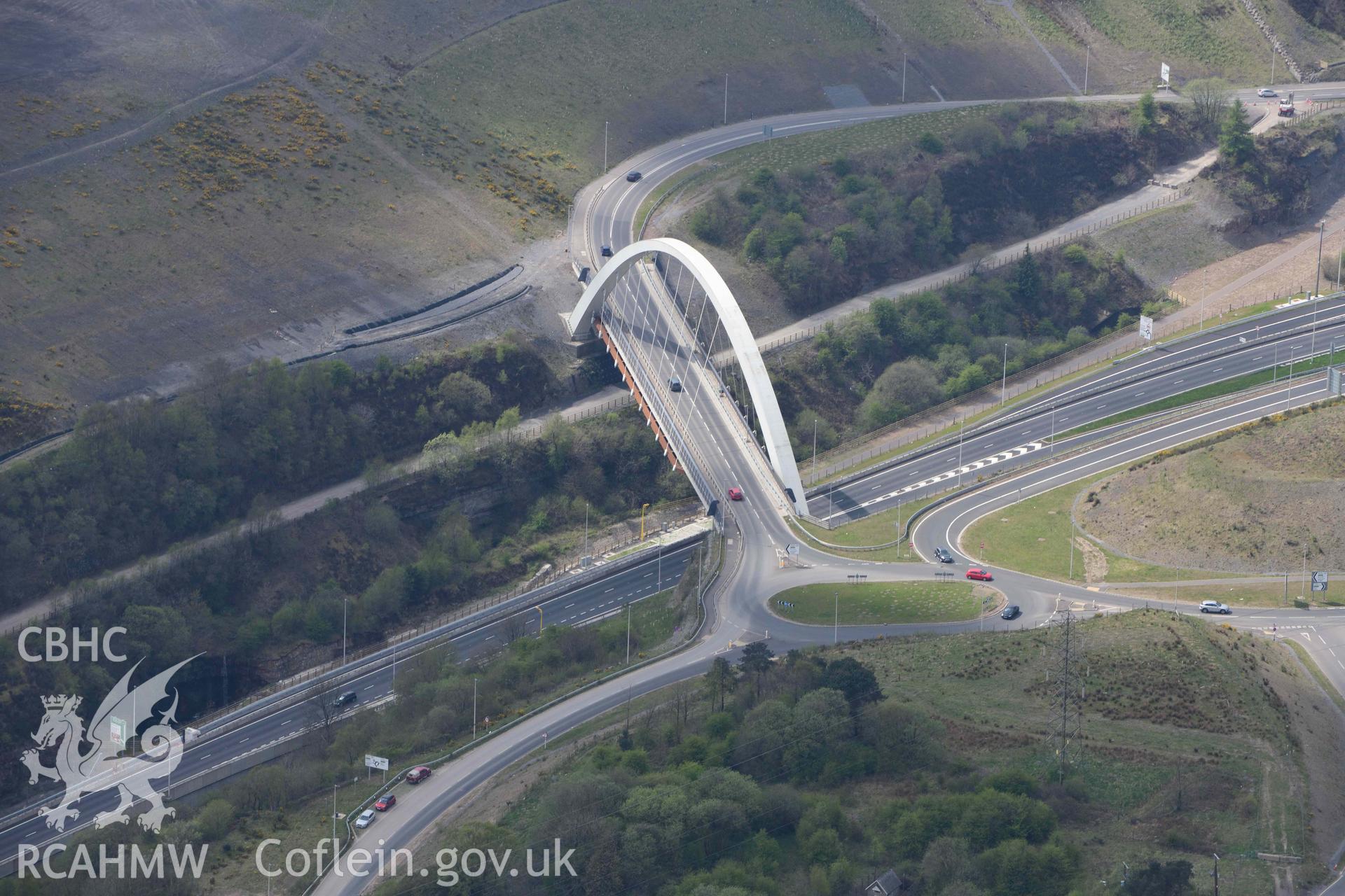 Cwm Clydach, Brynmawr, viaduct and new road junction, A465 Heads of the Valleys. Oblique aerial photograph taken during the Royal Commission's programme of archaeological aerial reconnaissance by Toby Driver on 29 April 2022.