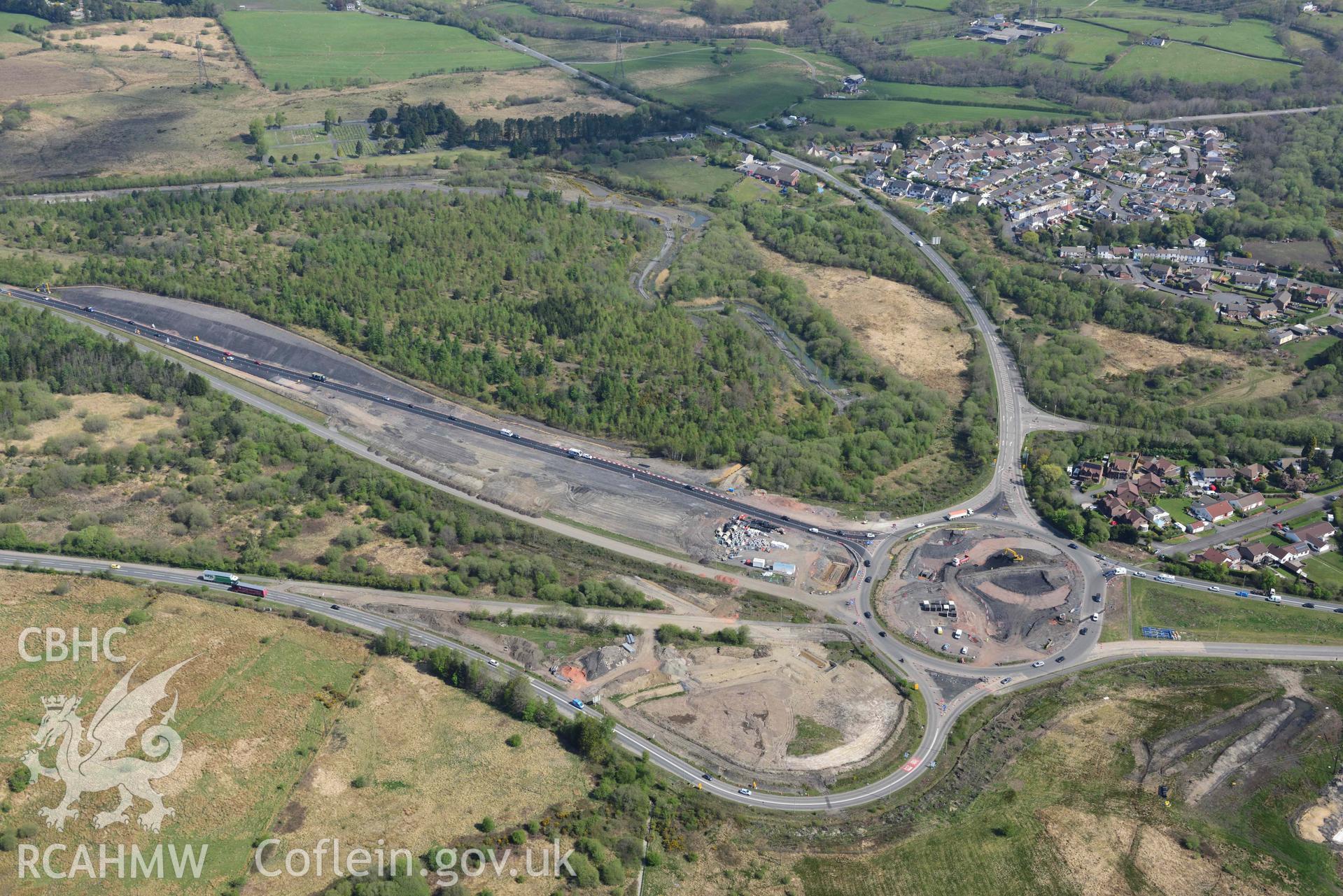 A465 road improvements, Hirwaun. Oblique aerial photograph taken during the Royal Commission's programme of archaeological aerial reconnaissance by Toby Driver on 29 April 2022.